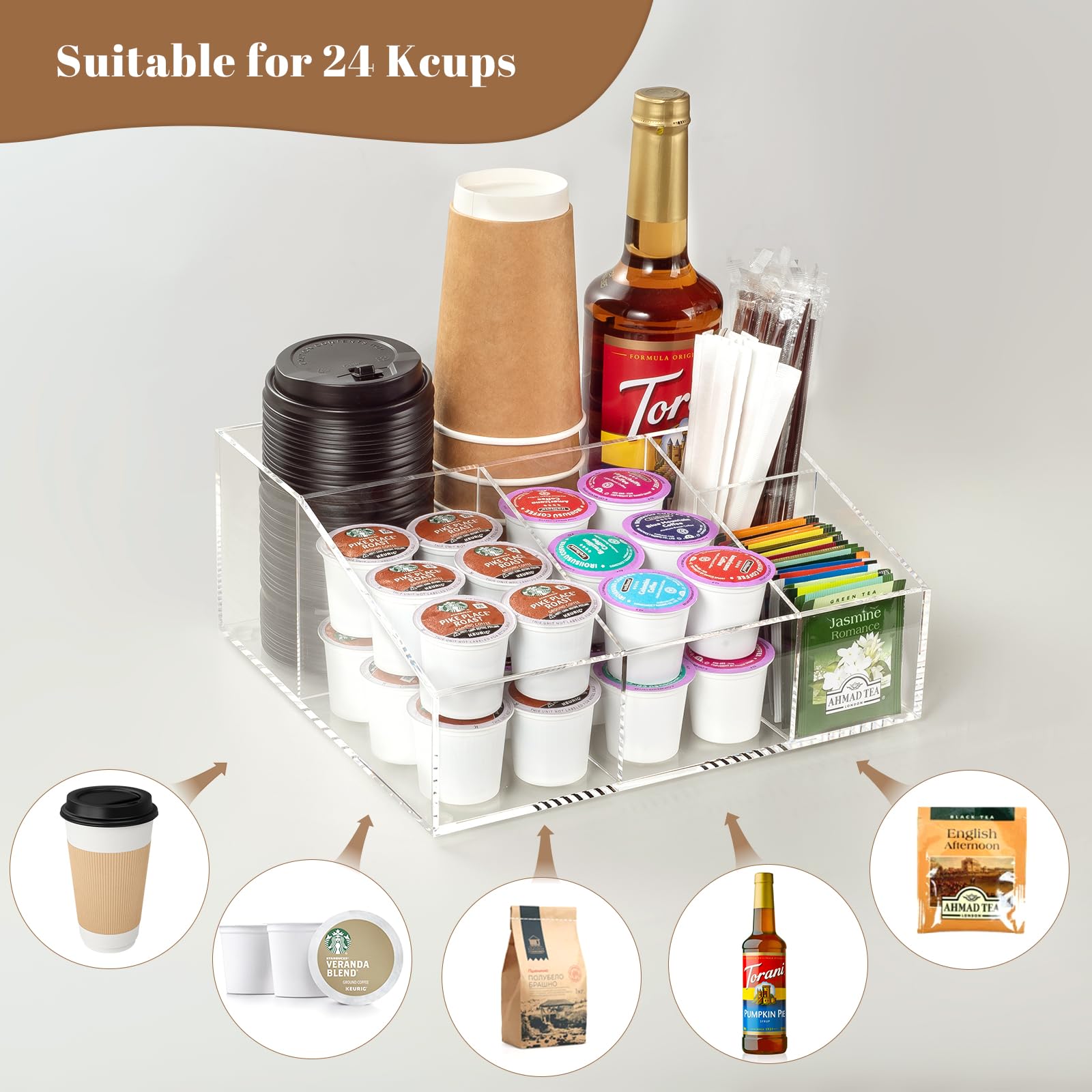 Beygorm Acrylic Coffee Bar Station Organizer For Countertop,Office Breakroom Clear Snack Tea Storage Accessories Holder For Kcup