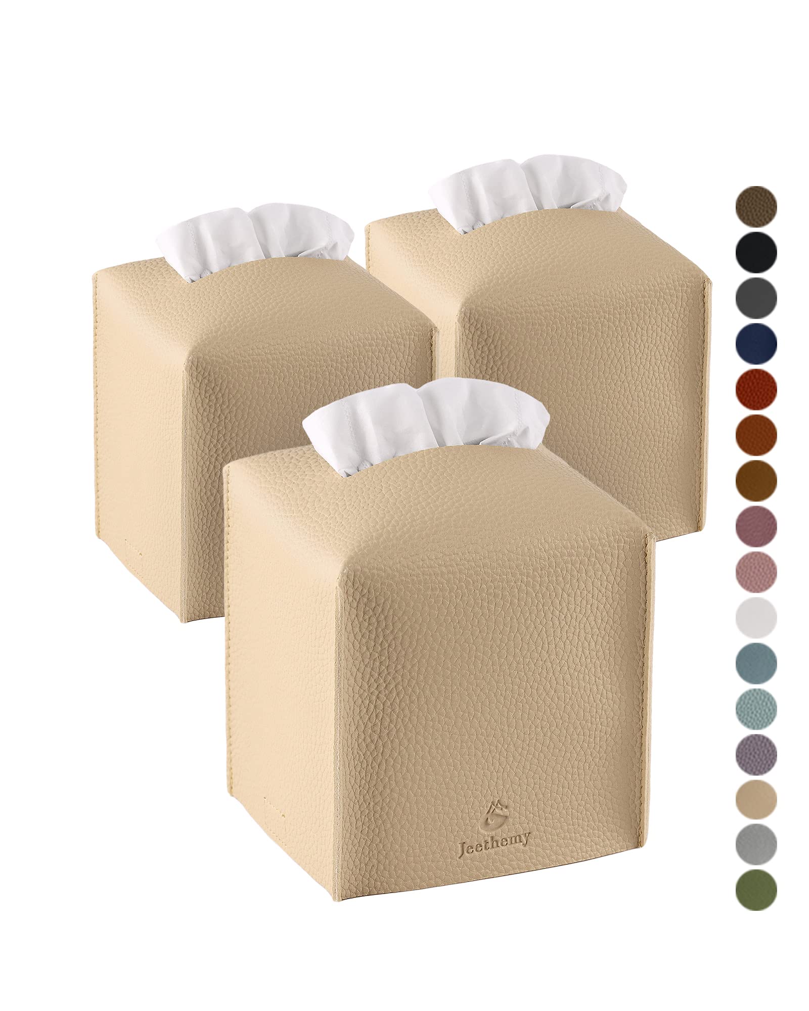 Tissue Box Cover, Jeethemy Square Pu Leather Tissue Box Holder, Modern Tissue Case Facial Paper Organizer Dispenser,5X5X5'',Thre