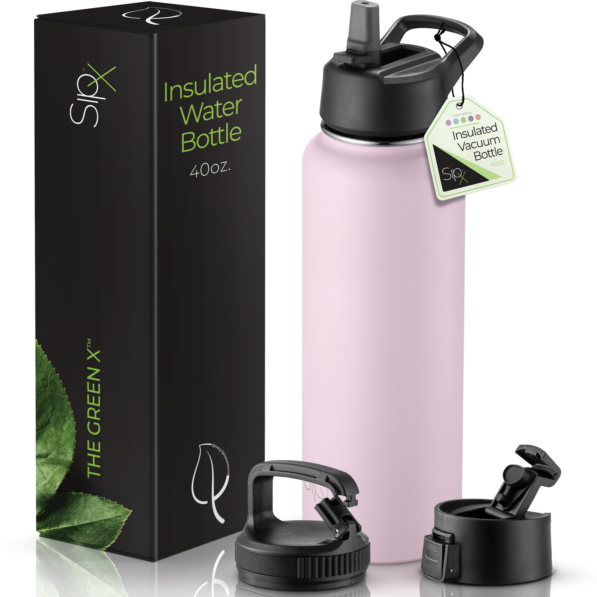 SipX Triple-Insulated Stainless Steel Water Bottle 40oz. With 3 Lids, BPA-Free Reusable Insulated Water Bottle Keeps Cold 24 Hou