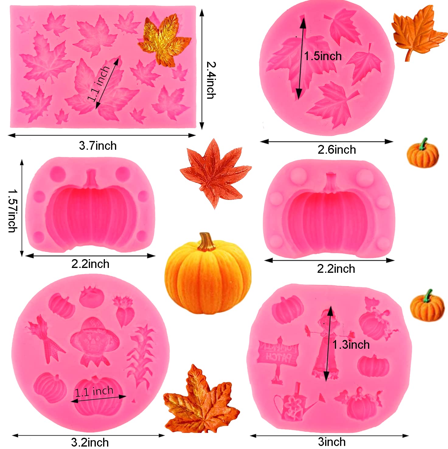 6Pcs 3D Pumpkin Mold Fall Maple Leaf Silicone Mold Mini Pumpkin Scarecrow Shape Chocolate Mold Halloween Thanksgiving Cake Molds