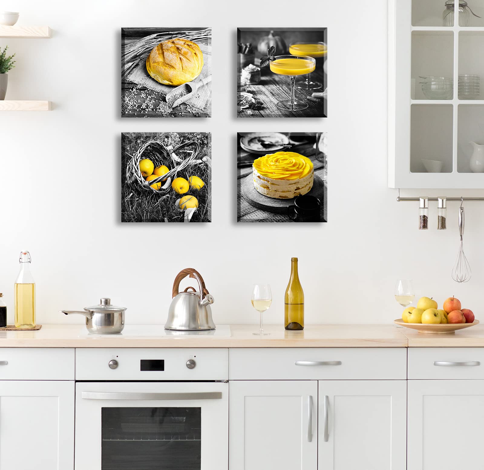DJSYLIFE Kitchen Wall Decor Black and White Yellow Wall Art Bread Cake Fruit Picture Canvas Print Paintings for Cafe Dining Room Restaurant Farmhouse Kitchen Decoration 12'' Wx12 Hx4