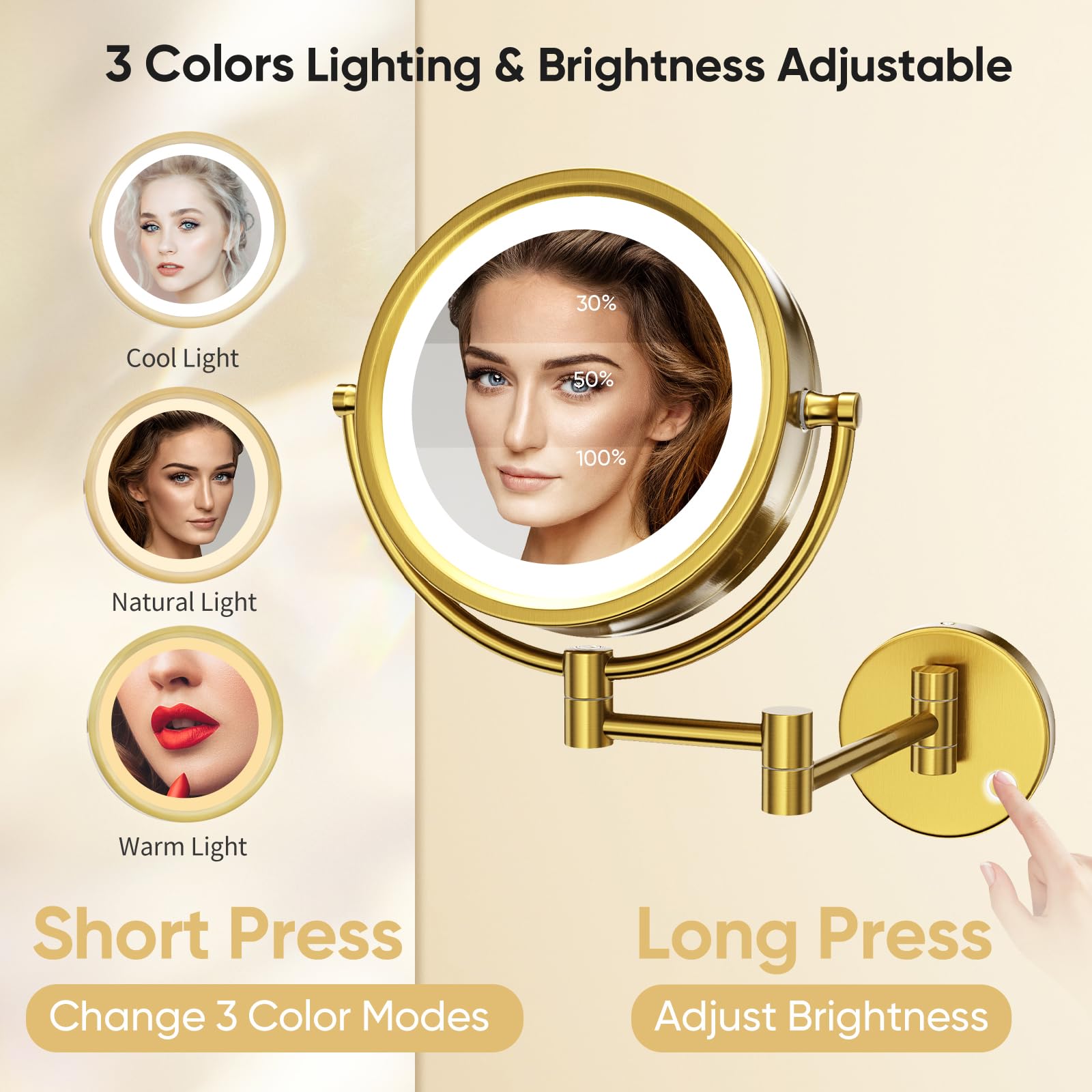 Gurun 8.5 Inch Magnifying Makeup Mirror With 3 Tones Dimmable Led Lights Double Sided Touch Control Wall Mounted Vanity Mirror F