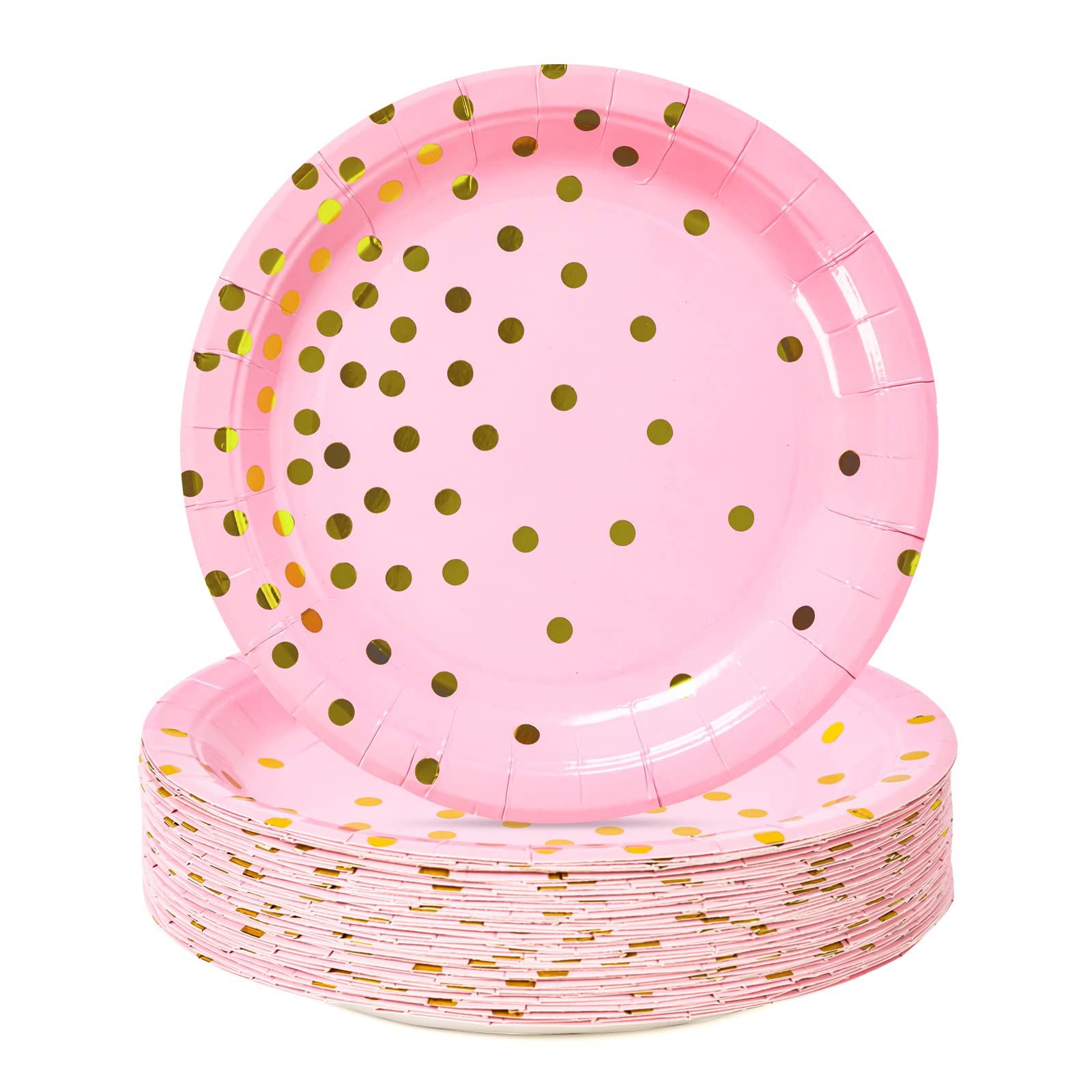 CENLBJ Pink and Gold Party Supplies, Pink Paper Dessert Plates (50-Count)