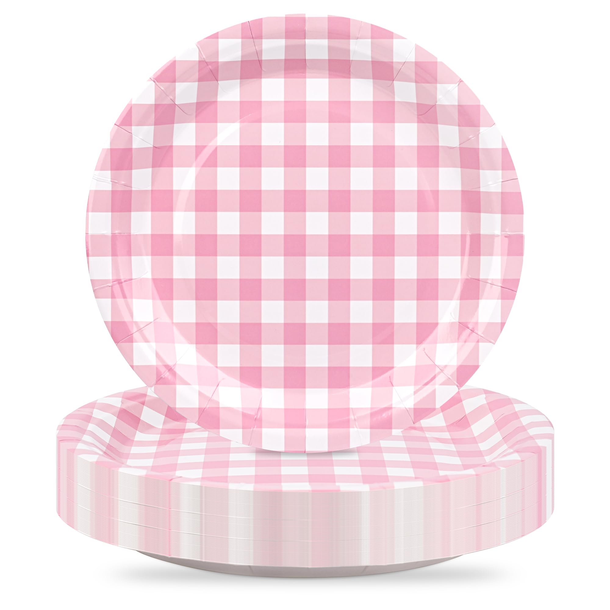 Houuqe 48Pcs Gingham Party Supplies Pink Paper Plates 9 inches Disposable Plaid Decorative Dinner Dessert Serving Plates for Bab