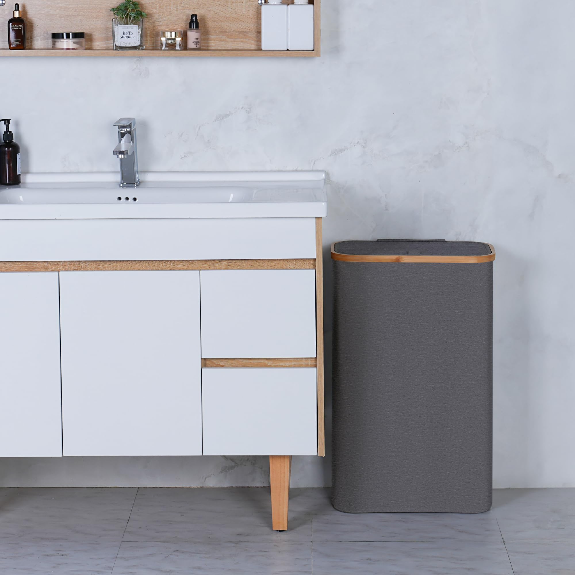 Merkisa Slim Laundry Basket,60L Laundry Hamper With Lid, Tall Hamper For Laundry,Dirty Cloth Hamper With Bamboo Handle For Toys,