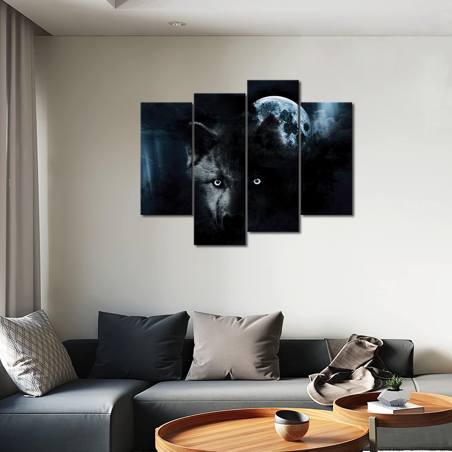 4 Panel Wall Art Black Wolf And Full Moon Painting The Picture Print On Canvas Animal Pictures For Home Decor Decoration Gift Pi