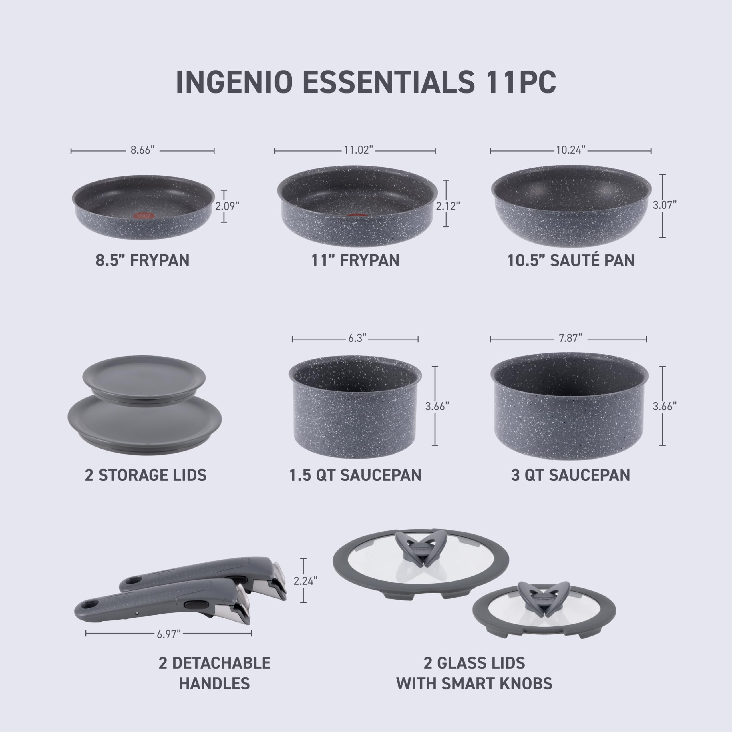 T-fal Ingenio Essentials Cookware Set with Detachable/Removable Handle 11 Piece, Granite Titanium Non Stick, Oven Broiler Safe 5