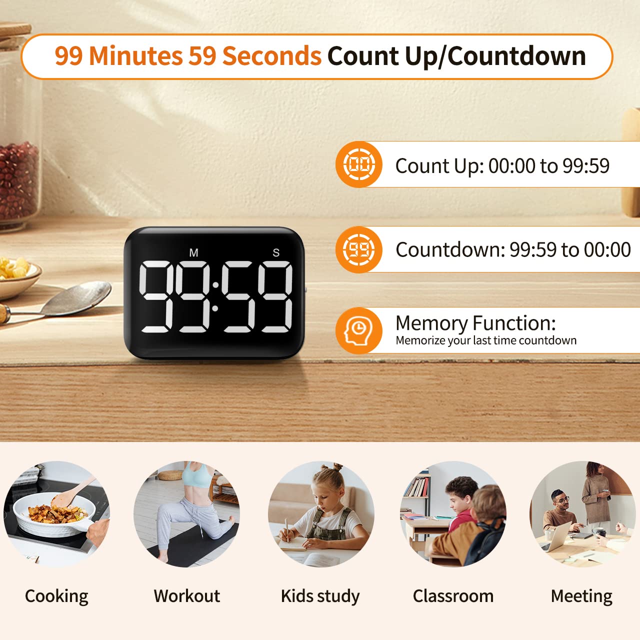 Vocoo Magnetic Kitchen Timer For Cooking With Count Up Countdown, Digital Timer Battery Powered With Large Display, 2 Brightness