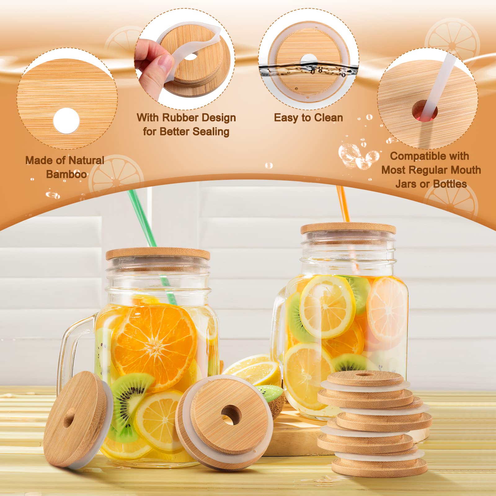 8Pcs Mason Jar Lids With Sealing Ring, Reusable Bamboo Mason Jar Lids, Mason Jar Tumbler Lids Tops, For Wide Mouth Mason Jars Ca