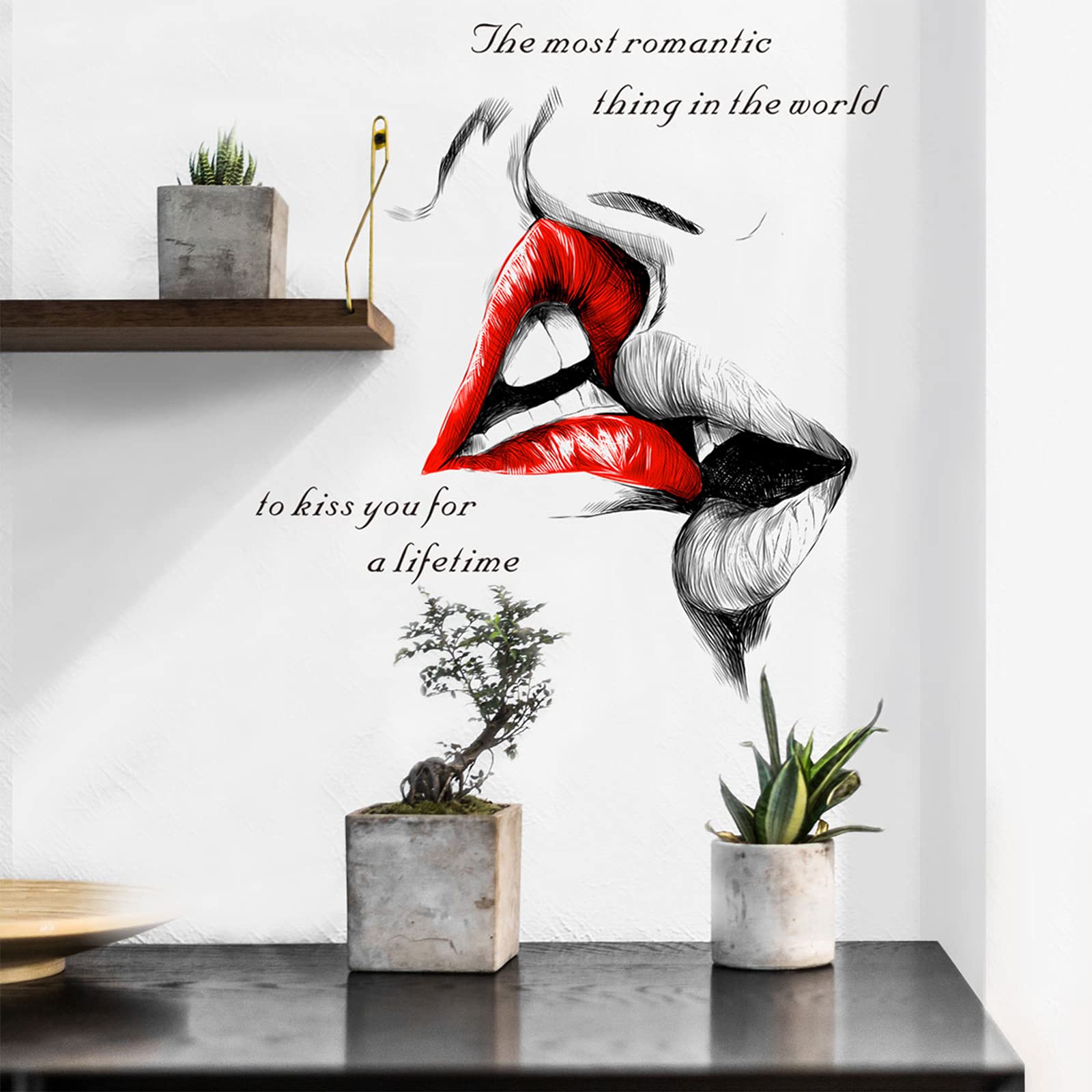 Cokoyy Sexy Red Lips Kiss Wall Decals, Kiss You For A Lifetime Quotes Wall Stickers, Kissing Lips Fashion Silhouette Mural, Remo