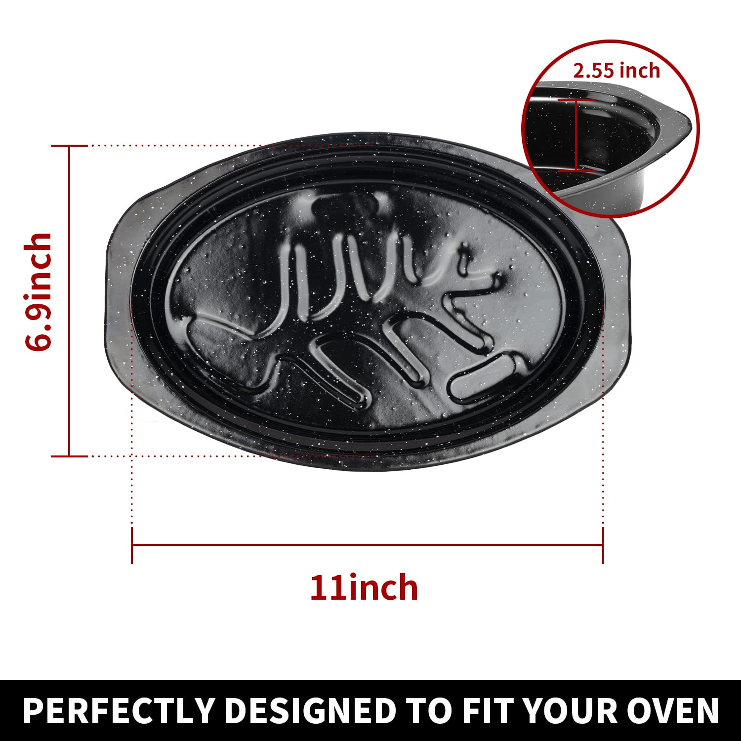 Dimeshy 13Inch Roasting Pan, Enamel On Steel, Black Covered Oval Roaster Pan With Lid, Small Cookware For Turkey, Small Chicken,