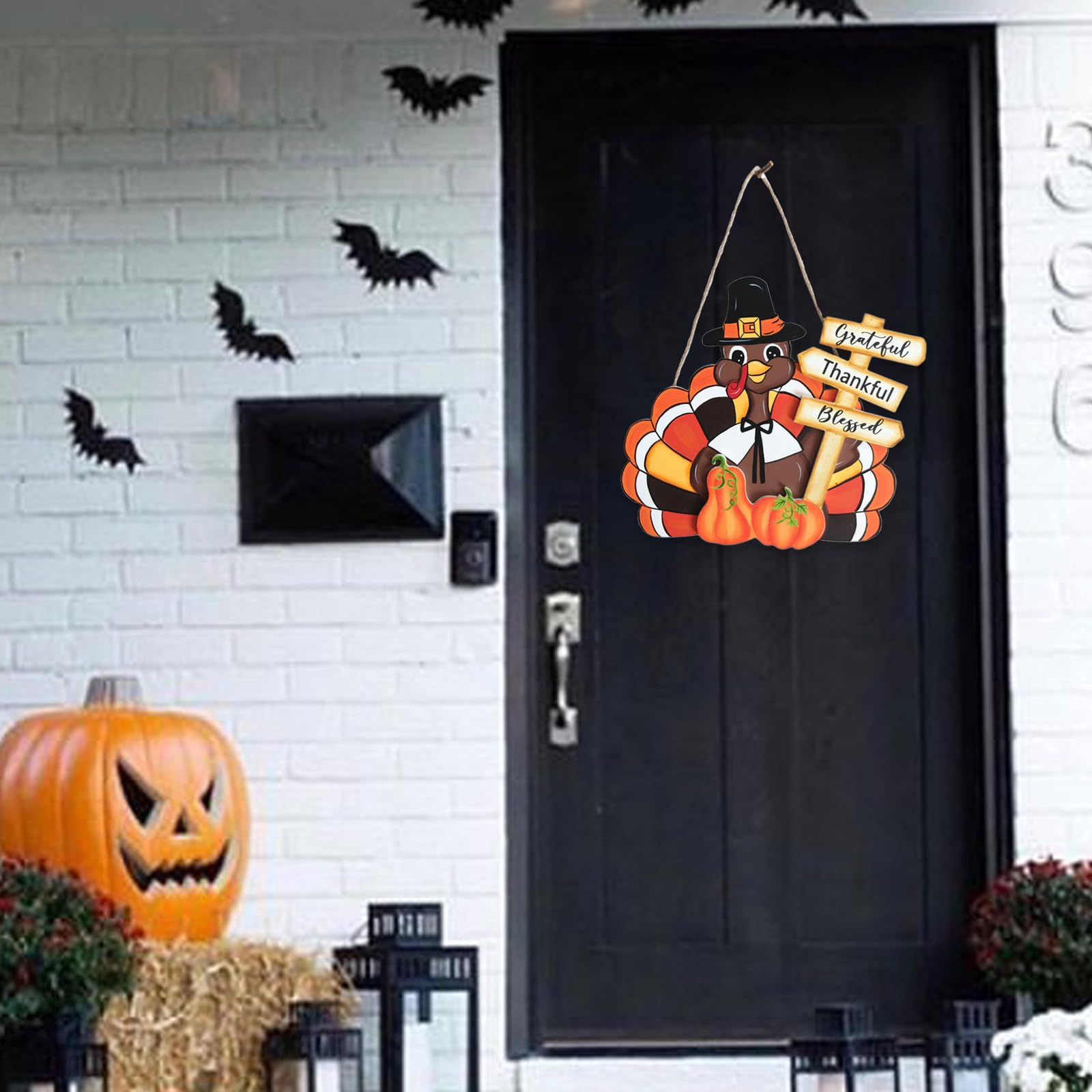 Egolot Fall Thanksgiving Turkey Welcome Wooden Sign for Front Door with Pumpkins, Thanksgiving Grateful Thankful Blessed Turkey