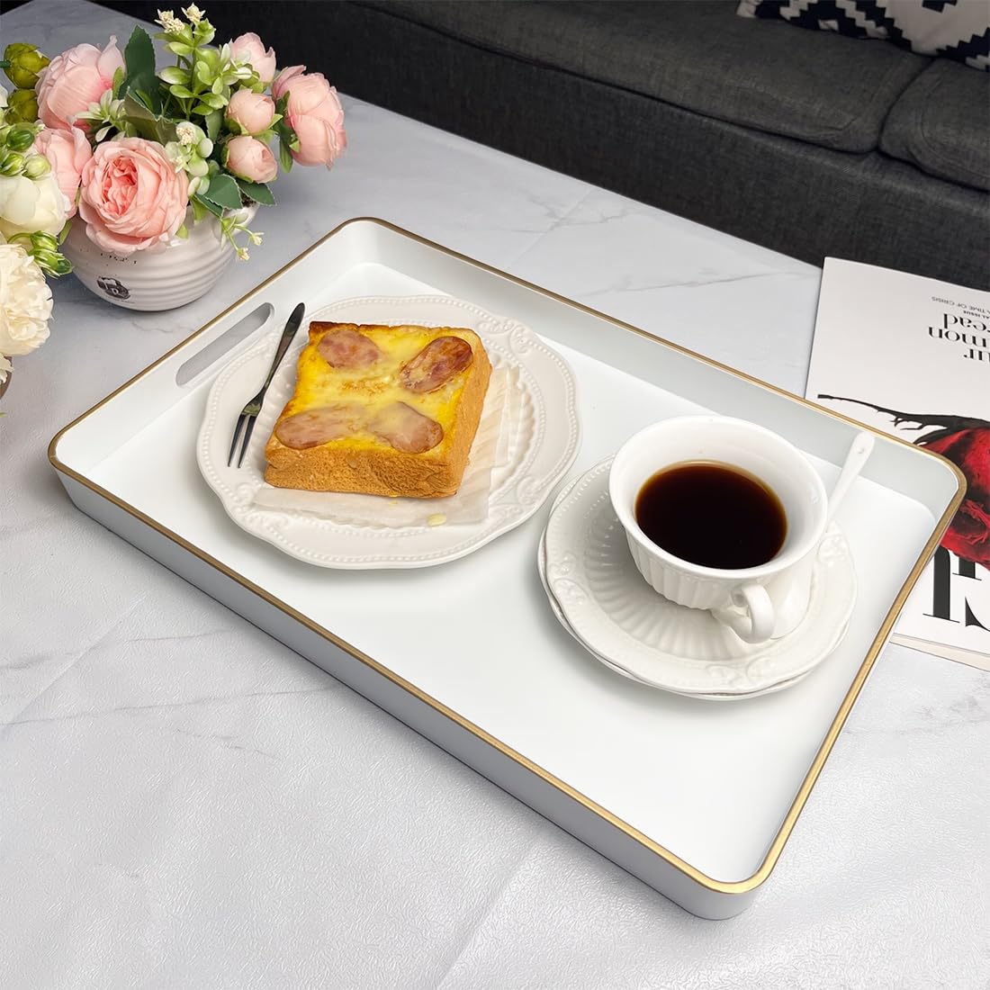 Uoekcs White Decorative Tray, Rectangular Serving Trays With Handles, Plastic Tray For Ottoman, Coffee Table Tray For Living Roo