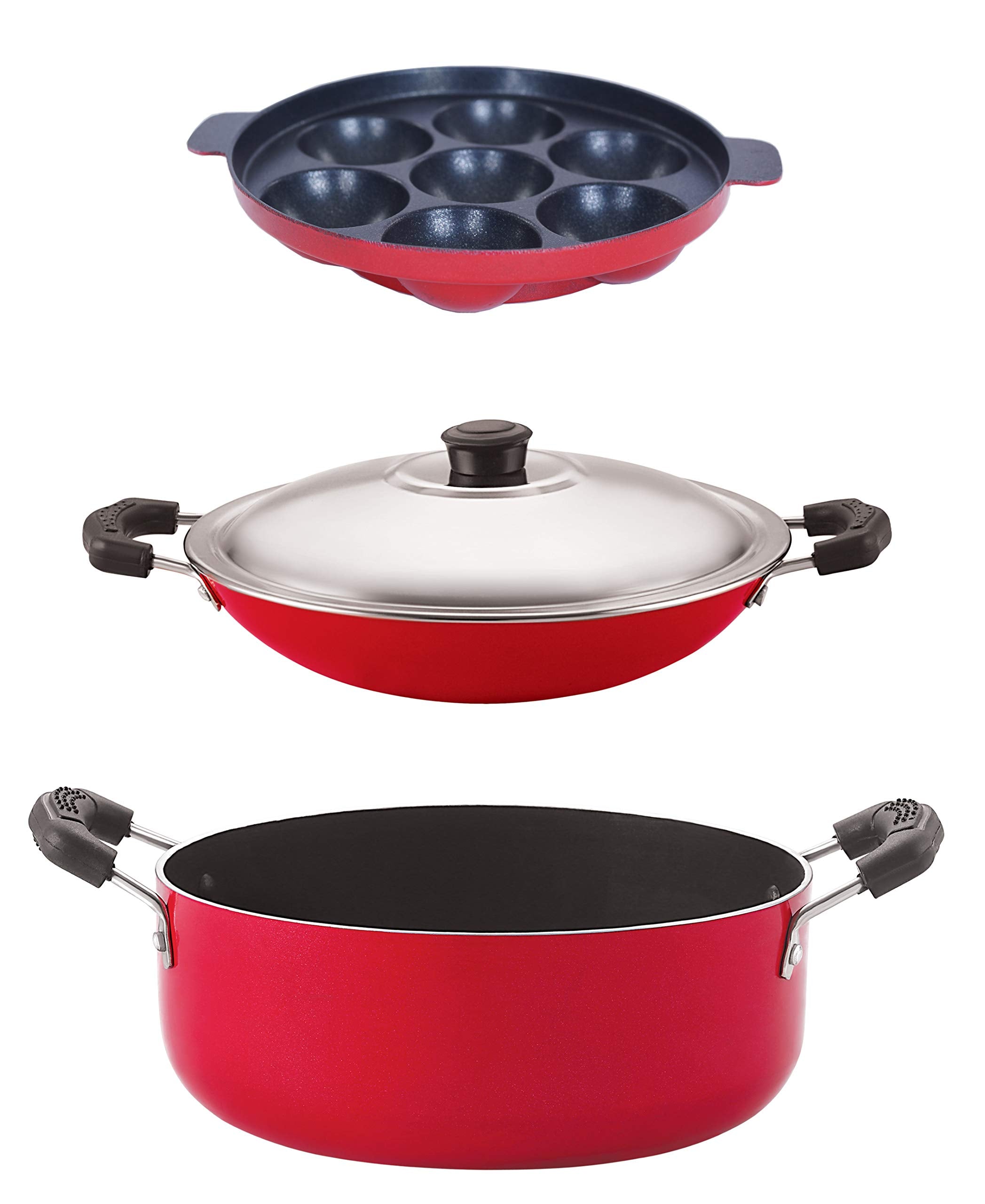 Nirlon NonStick Odor Free 3 Piece Gas Compatible Cookware Combo Set Offer With Bakelite Handle, Red And Black Color (Ac_Ap7_Cs2