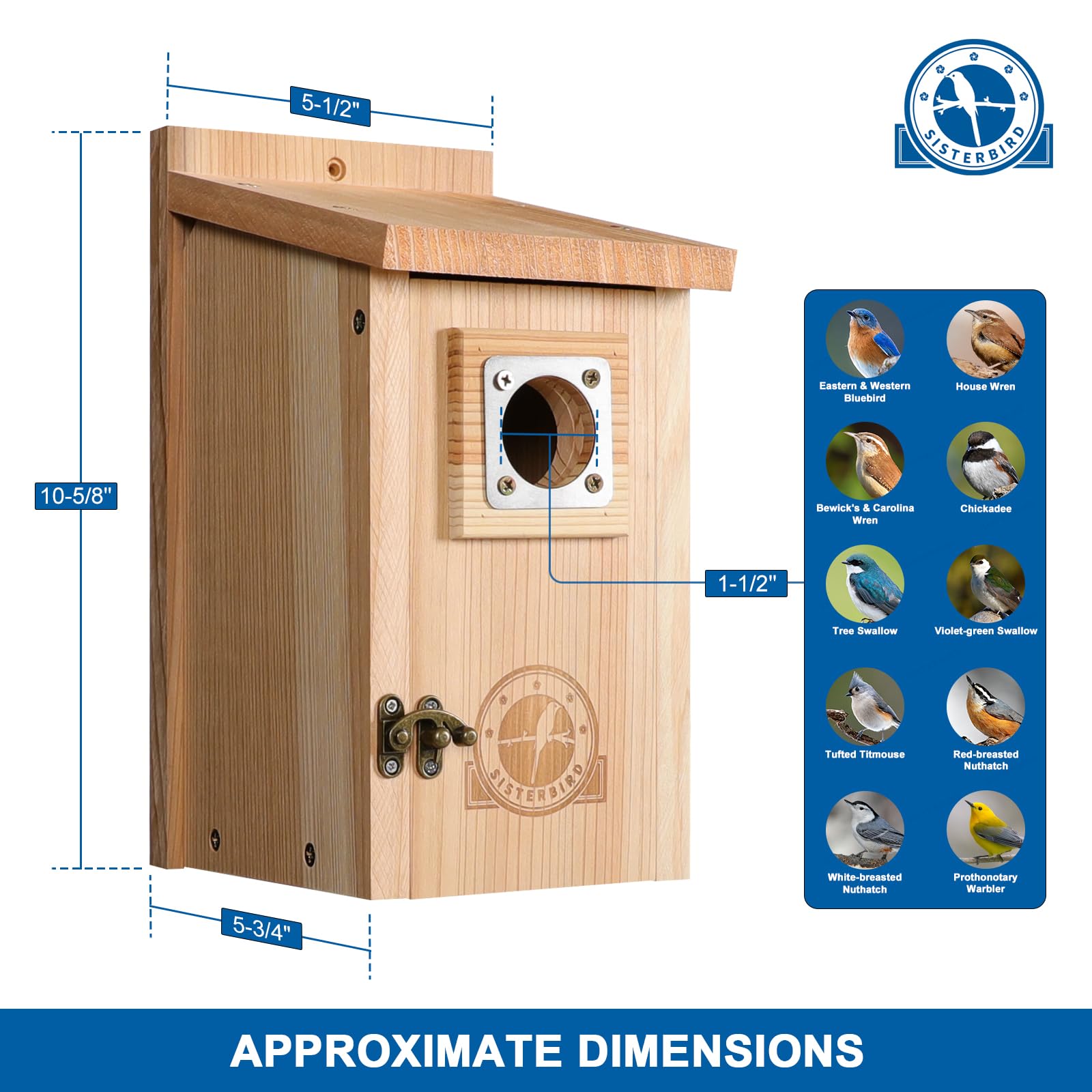 SISTERBIRD Cedar Bird House with Metal Guard, 1-1/2" Entrance Hole, Beige, Outdoor Bluebird Wren Swallow Finch, Assembly Required