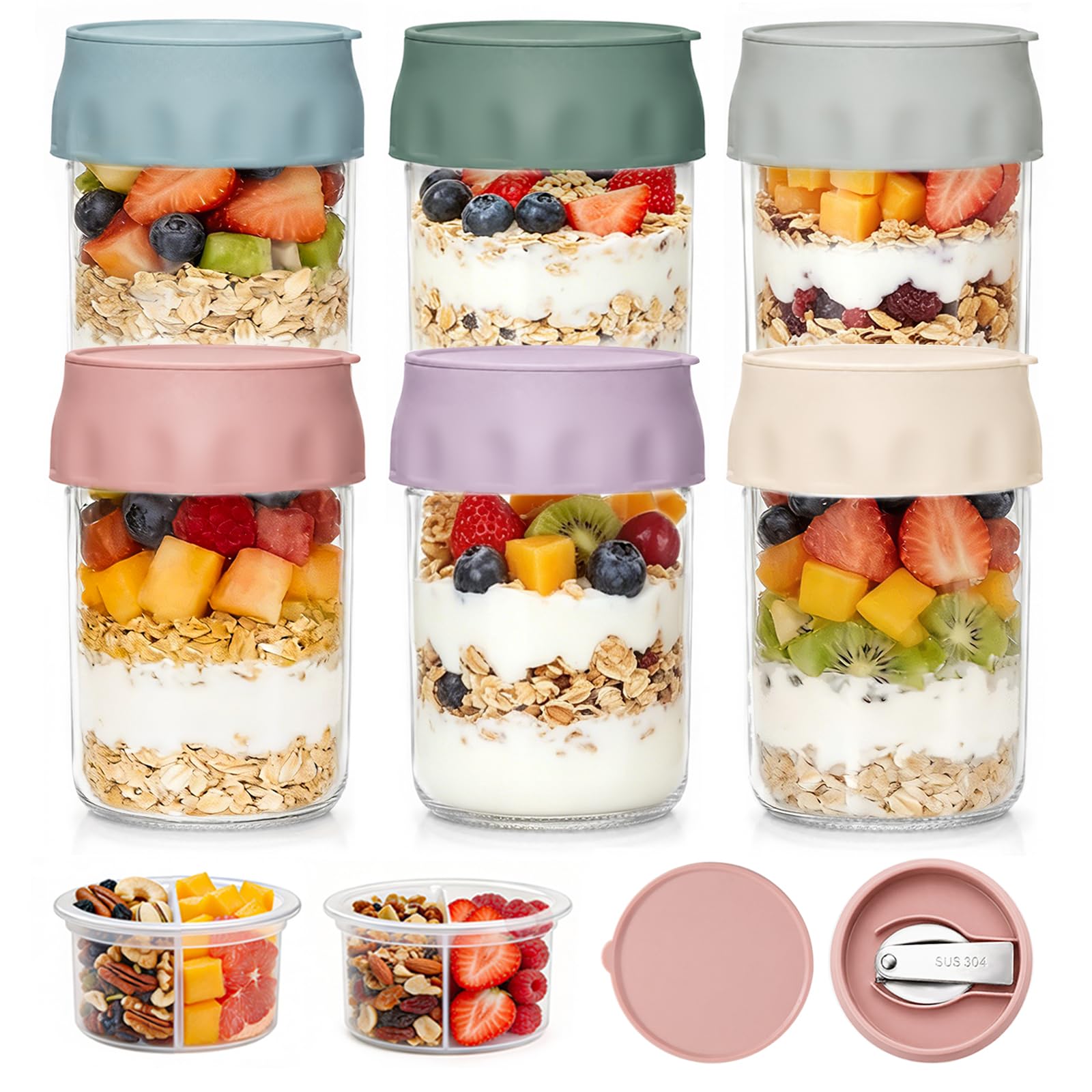 6 Pack 16oz Overnight Oats Containers with Lids, Airtight Glass Jars