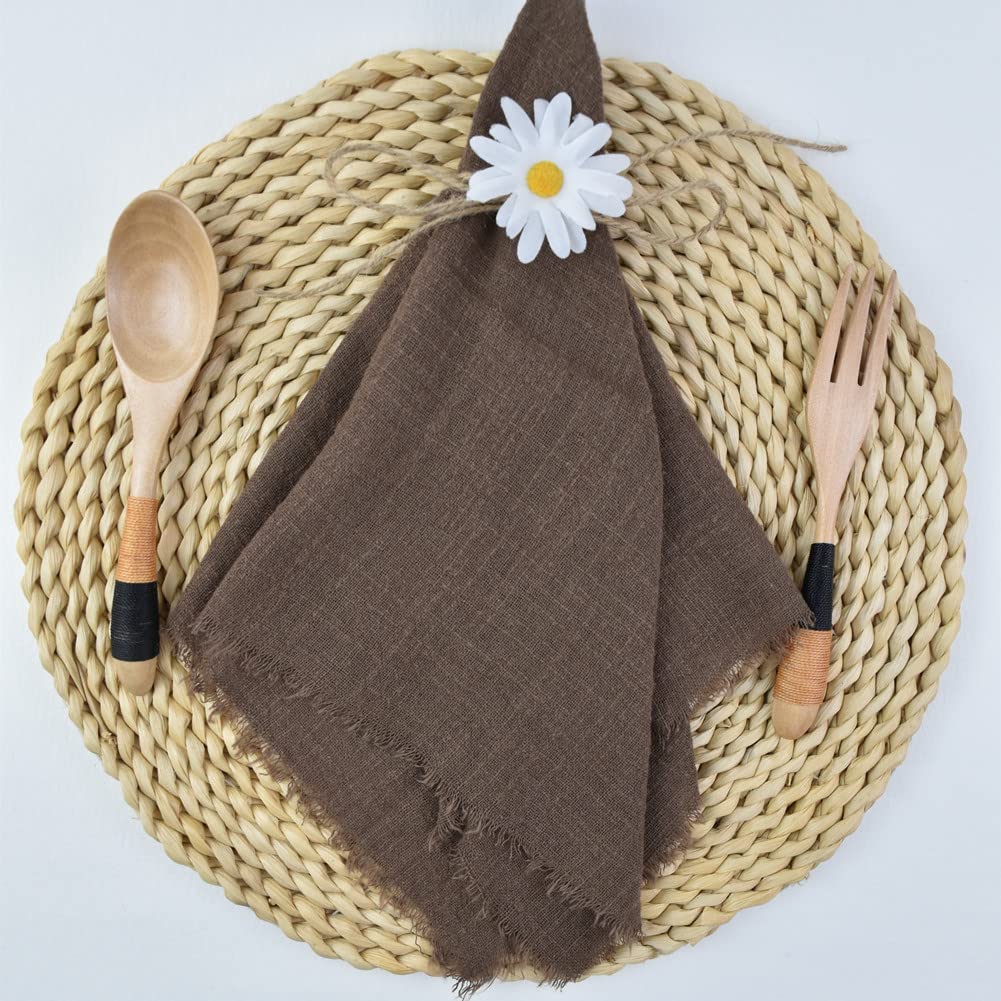 Joanlody Handmade Gauze Napkins 16.5x16.5 Inches Cotton Cloth Napkins with Fringe Rustic Dinner Napkins for Wedding Party Set of 10 Coffee