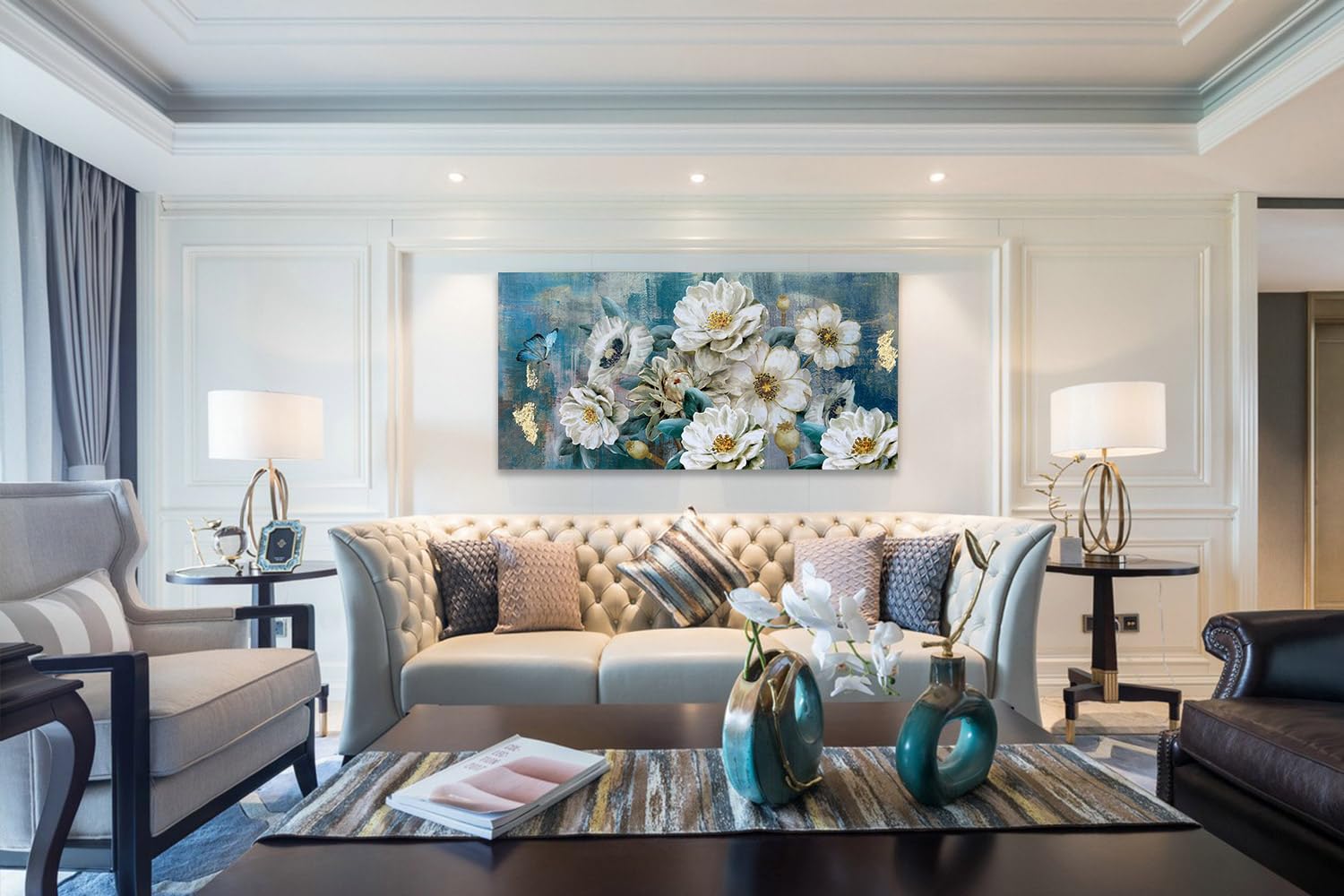 Arjun Flowers Canvas Wall Art White Elegant Modern Picture Gold Foil Rustic Painting Colorful Turquoise Floral  Extra Large Teal Artwork for Living Room Bedroom Dining Room Home Office Decor 60''x30''