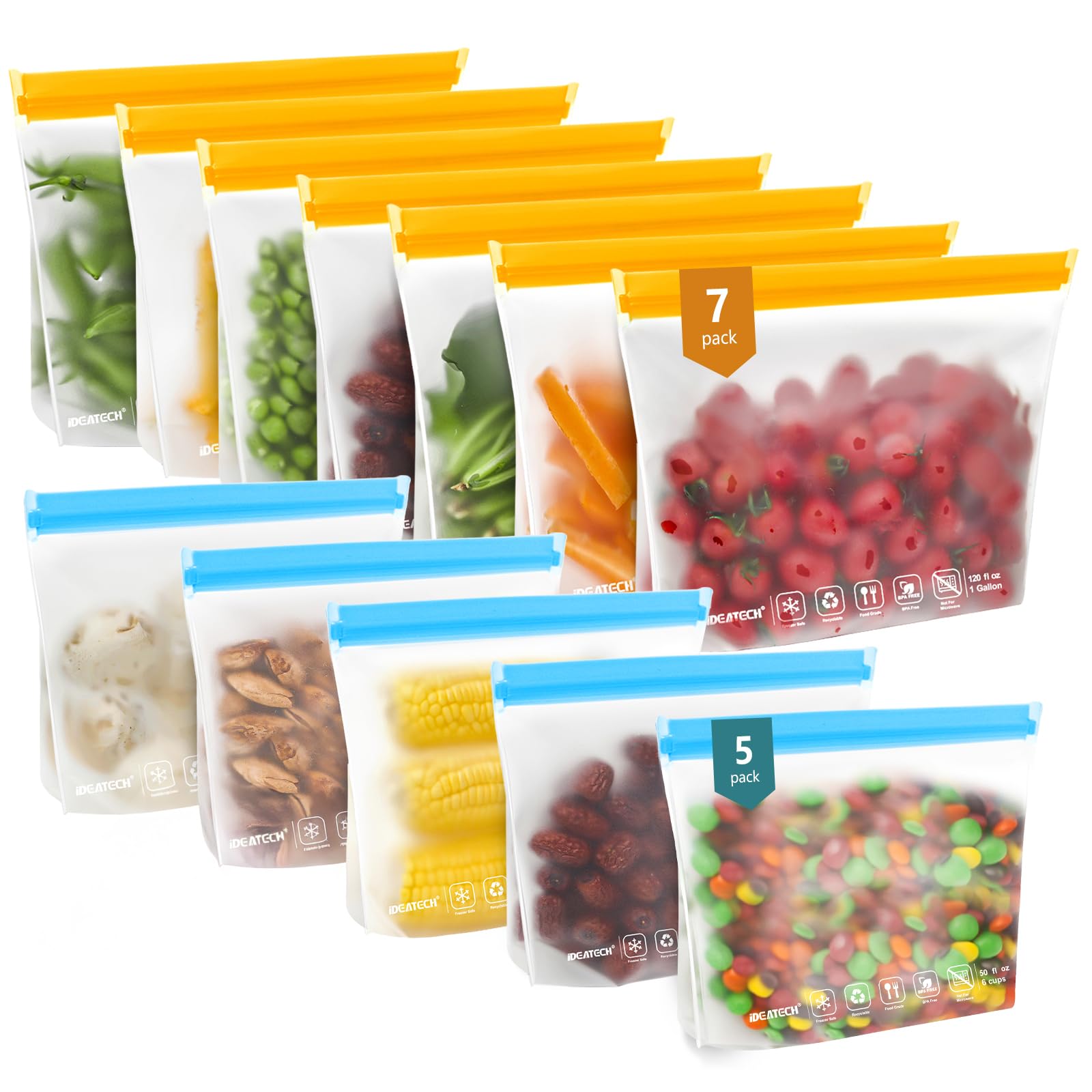 IDEATECH 12Pack Reusable Food Storage Bags Dishwasher Safe,Leakproof Gallon Freezer Bags, BPA Free Quart Sandwich Size Reusable 