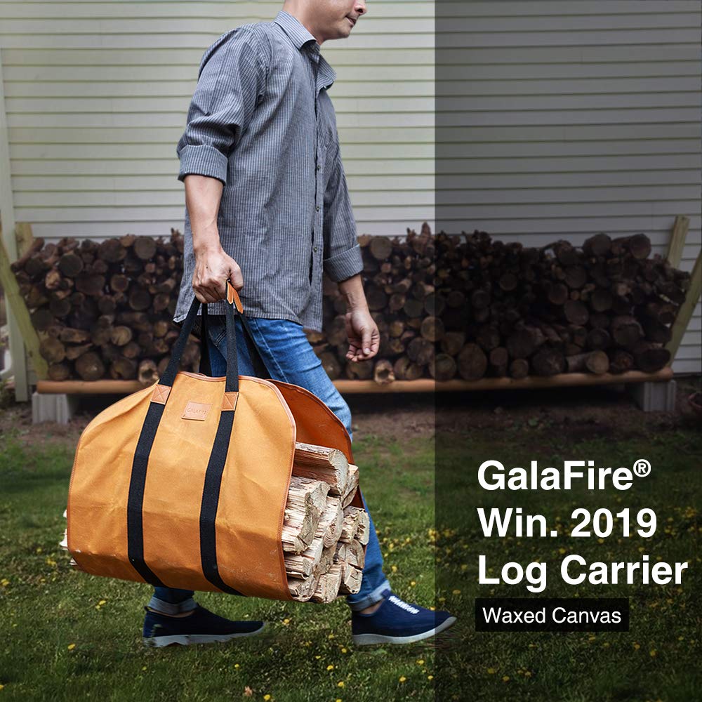 GALAFIRE Heavy Duty Firewood Carrier Tote Bag, 21''W x 44''L, Waxed Canvas, Brown