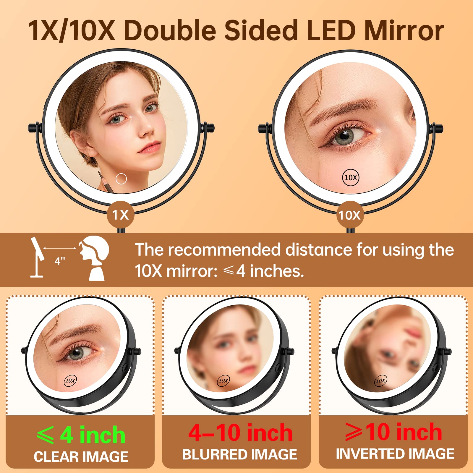 Gospire Lighted Makeup Mirror With Magnification 10X, 3 Color Dimmable Lights & Height Adjustable 7'' Cosmetic Mirror, 360 Swive