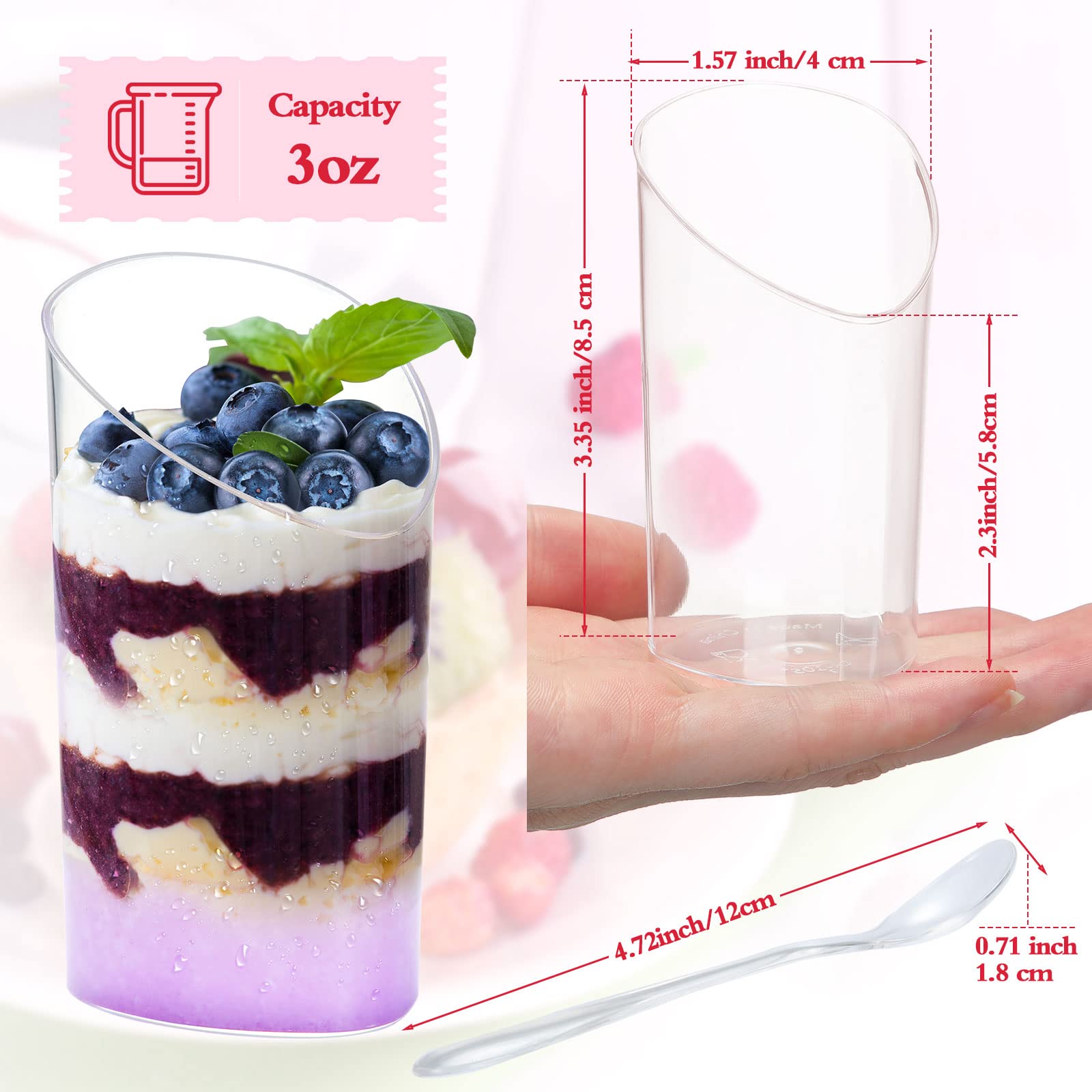 100 Pack Mini Dessert Cups With Spoons Small Plastic 3 Oz Slanted Round Shooter Disposable Clear Plastic Parfait Appetizer Cup F