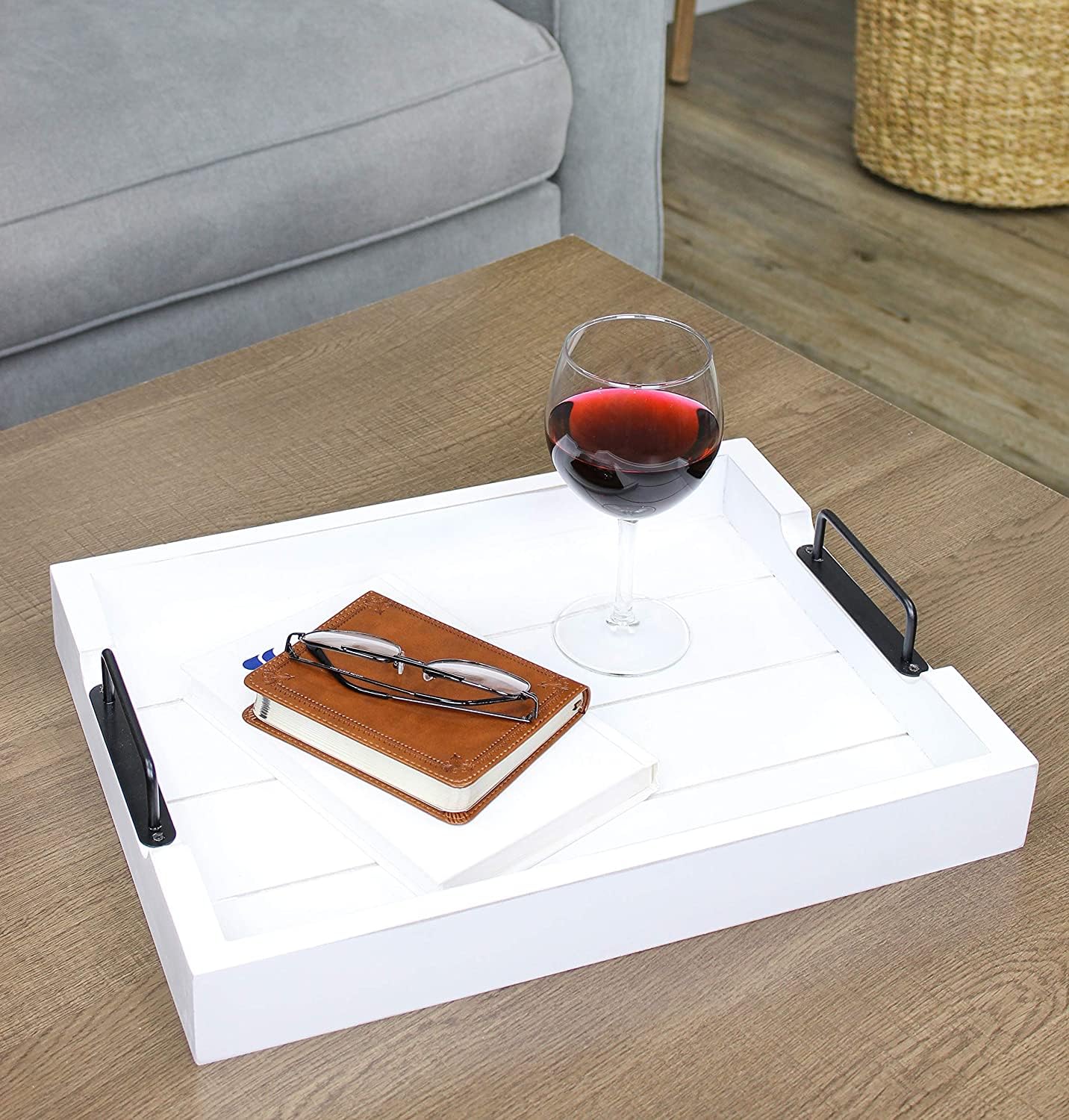 Auldhome Rustic Wood Serving Tray (White); Wooden Farmhouse Shiplap Decorative Ottoman Tray With Black Metal Handles, 16.75 X 12