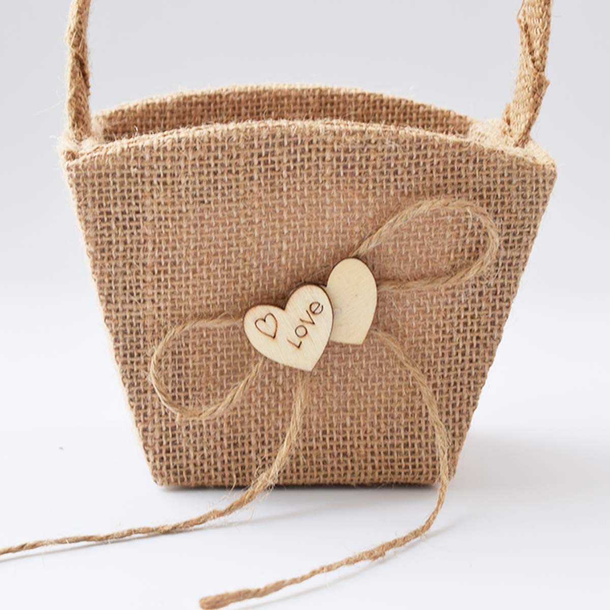 Atailove 2Pcs Burlap Wedding Flower Girl Basket Double Love Heart And Bowknot For Vintage Rustic Wedding