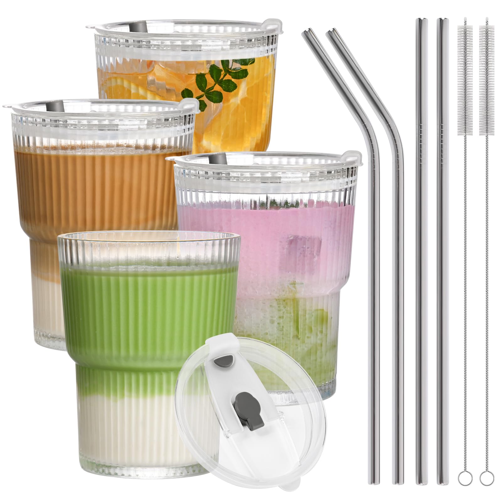 AUFXKOO 13oz Iced Coffee Cups,4Pcs Glass Cups with Lids and Straws Drinking Glasses,Clear Ribbed Glassware,Reusable Tumbler Glas