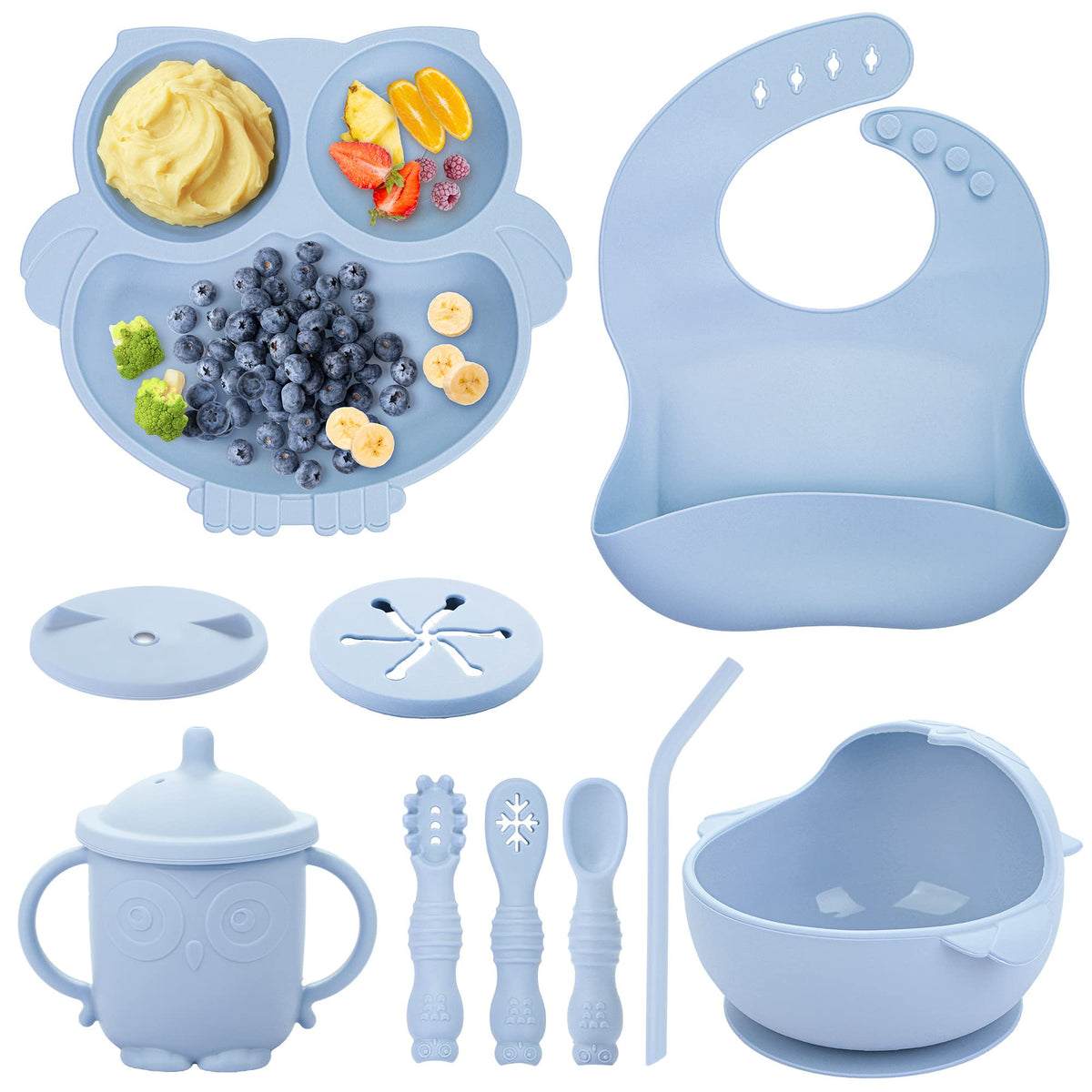 Bnditeu Baby Weaning Set, Silicone Baby Feeding Set(10 Pcs), Toddler Weaning Set with Adjustable Bib, Suction Bowl, Plate, Fork,