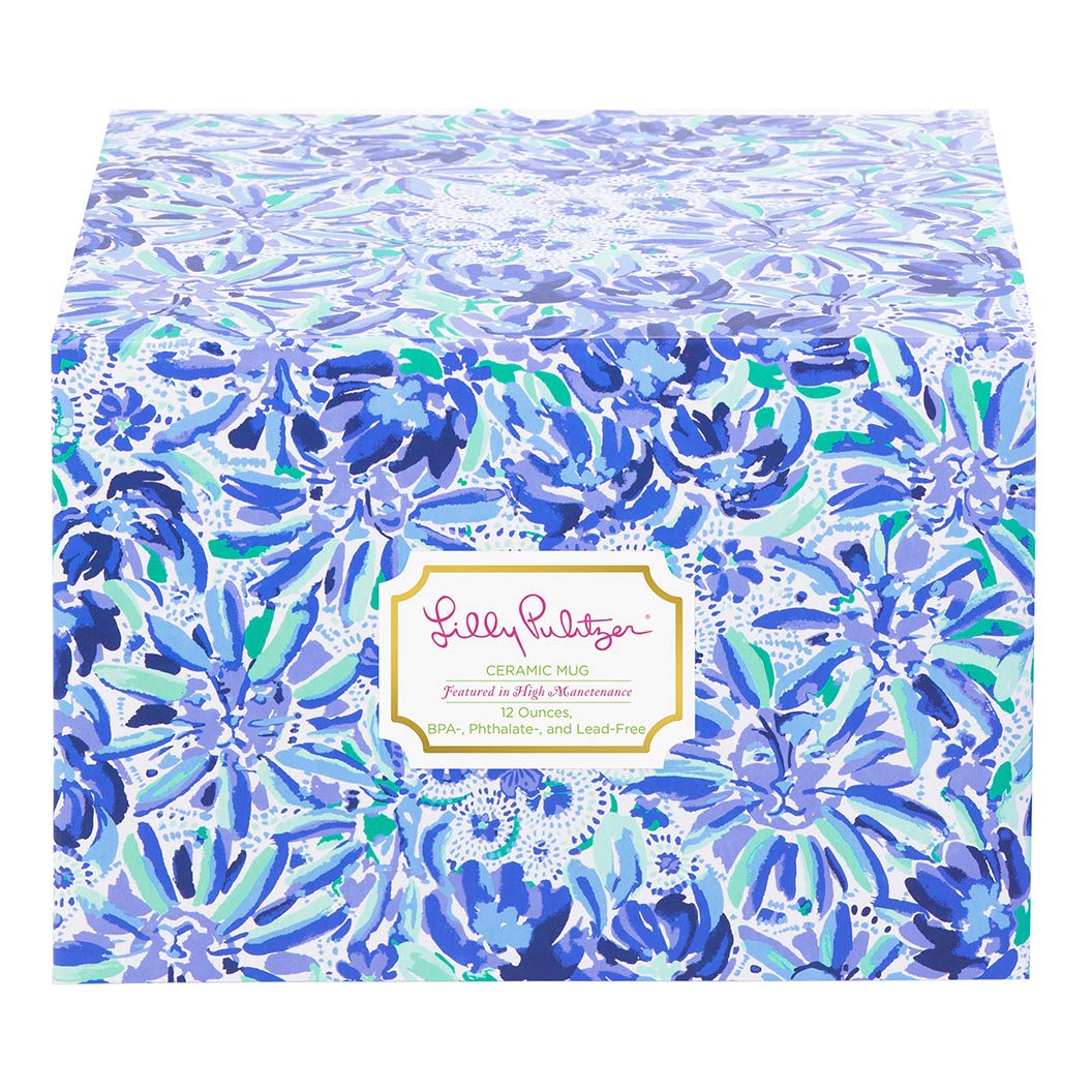 Lilly Pulitzer Blue Ceramic Coffee Mug, 12 Ounce, High Maintenance, Gold Handle, Gift Boxed
