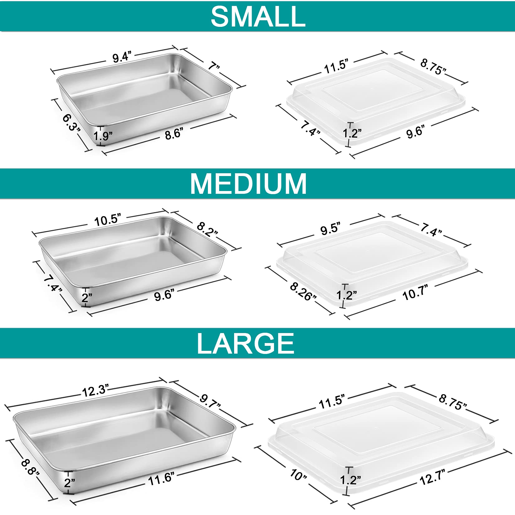 P&P Chef Stainless Steel Baking Pan Set, Rectangle Cake Pan With Lid, 12.3/10.5/9.4Inch Toaster Oven Pan For Lasagna/Cake/Browni