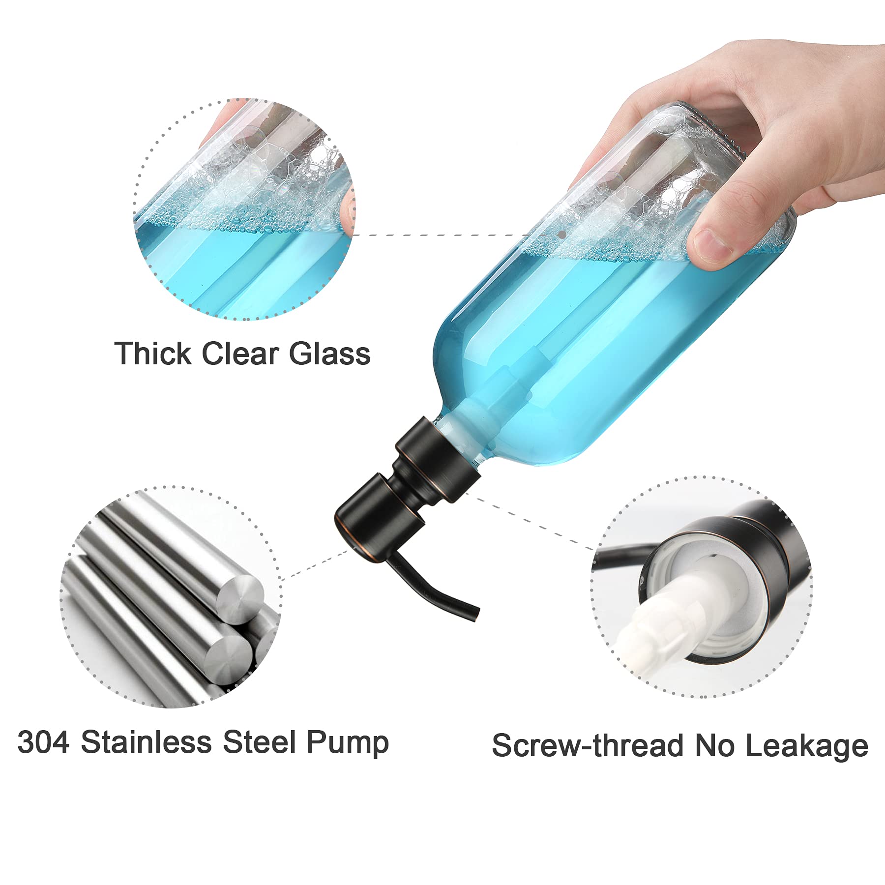 Amazerbath Glass Soap Dispenser, 2-Pack Clear Glass Soap Dispenser With Pump Bronze Rustproof, 17 Oz Bathroom Hand Soap Dispense