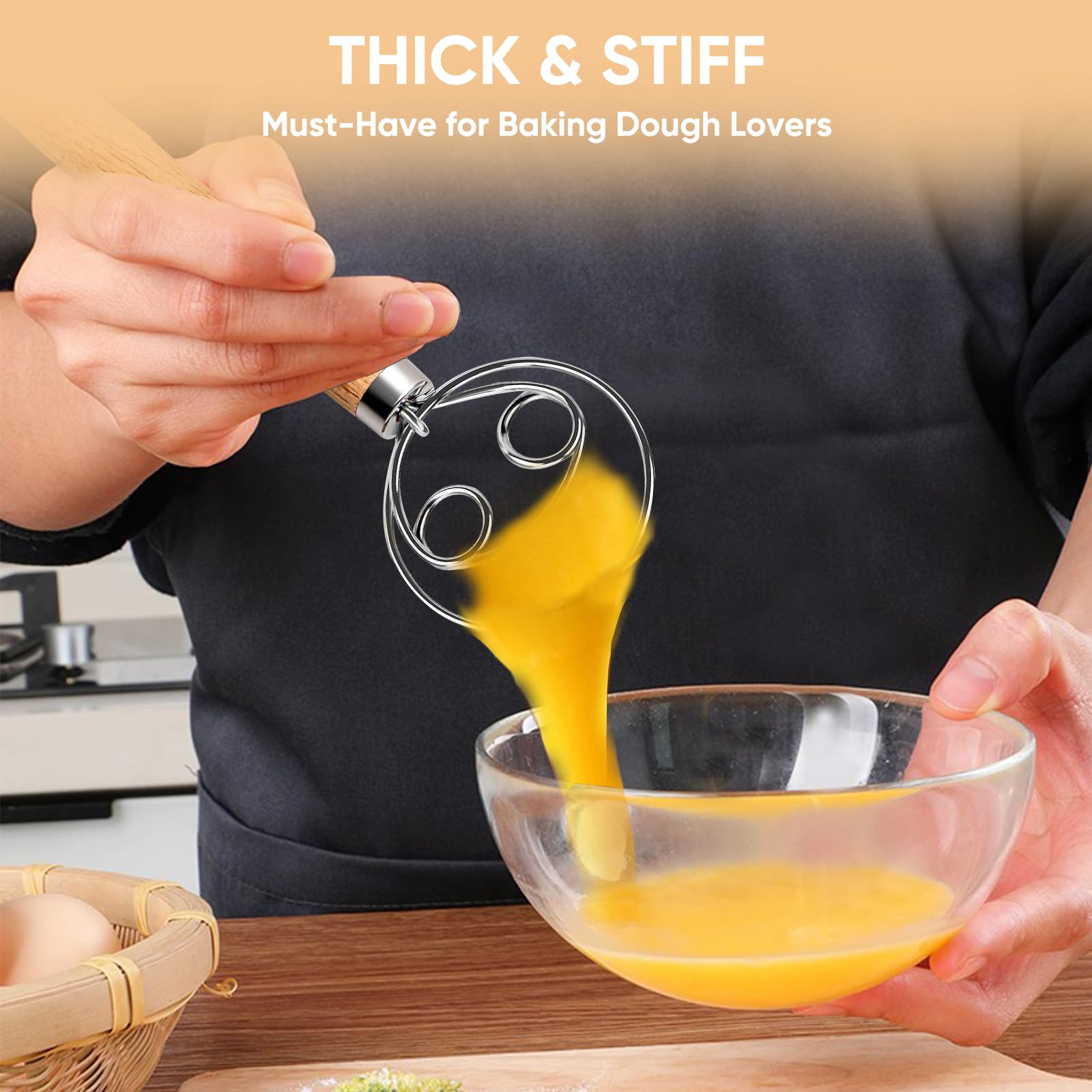 Maxjoy Danish Dough Whisk Wooden Bread Whisk With Stainless Steel Dough Hook - Traditional Dutch Whisk - Dough Mixer Hand Tool &