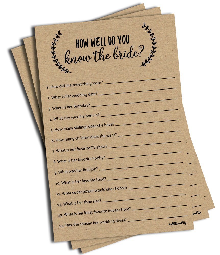 How Well Do You Know The Bride - Kraft (50-Sheets) Rustic Bridal Wedding Shower Or Bachelorette Party Game, Who Knows The Bride
