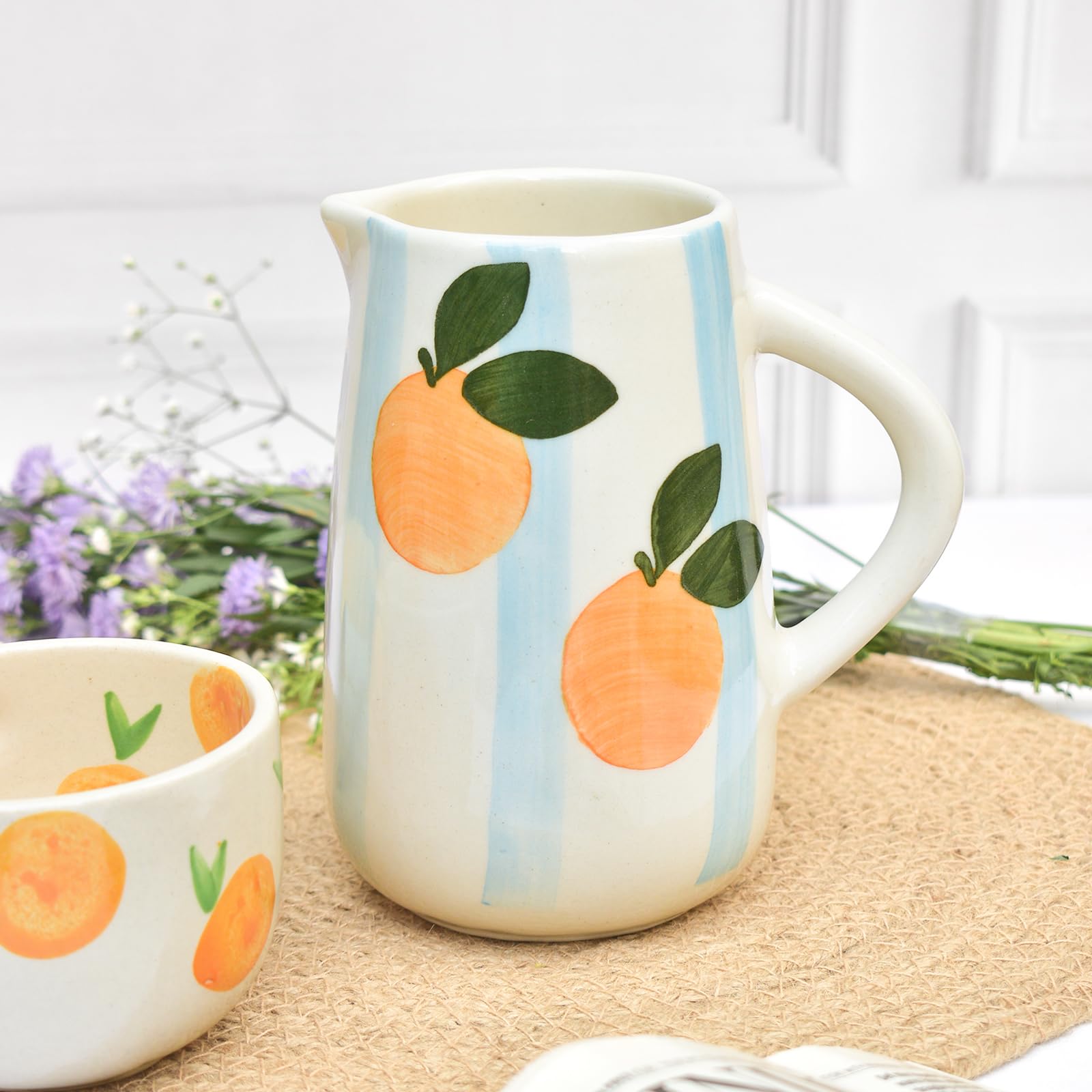 Qshi Studio Handmade Ceramic Jug | Milk & Water Jugs For Dining Table Kitchen | Juice Serving Pitcher  800 Ml (Blue& Orange)