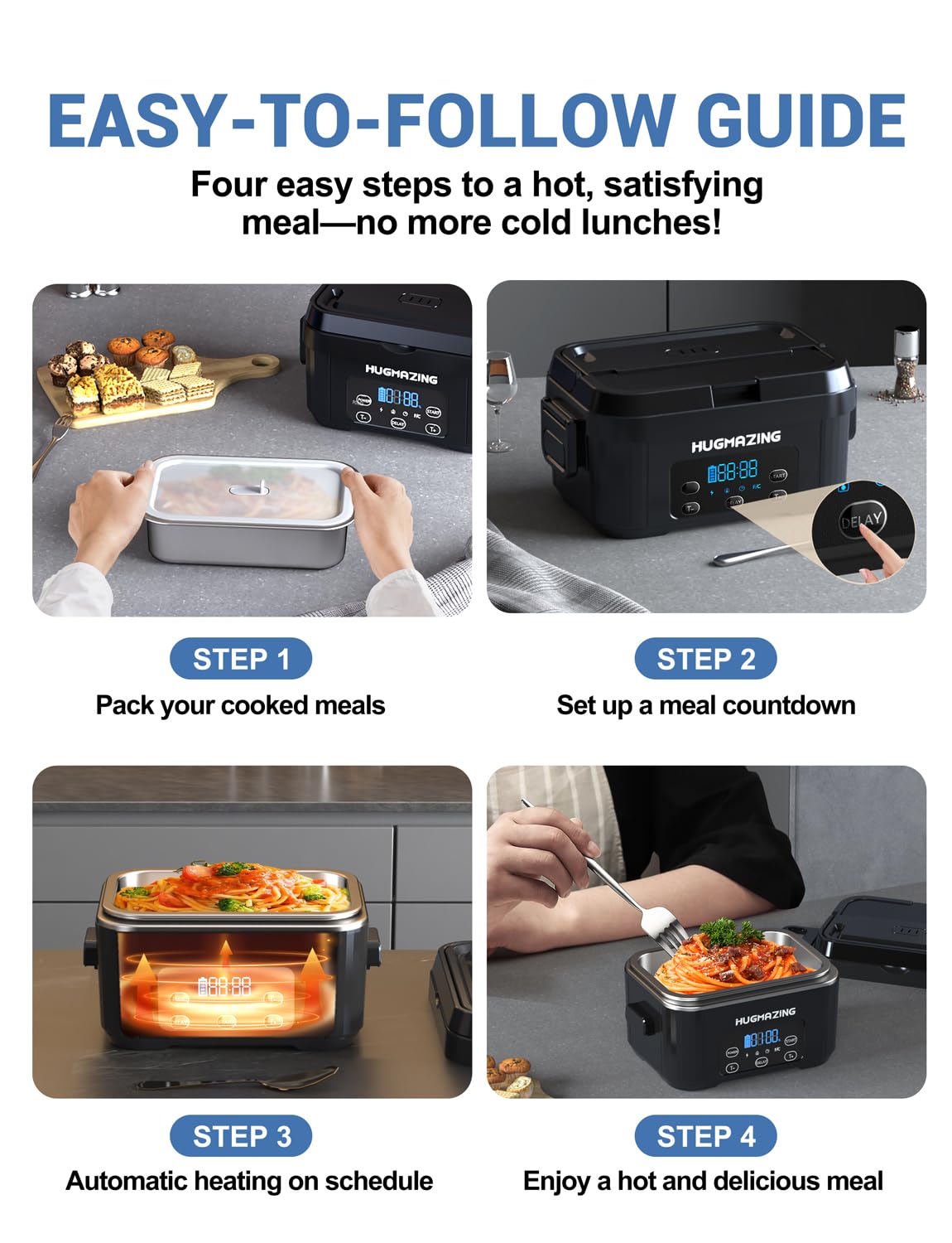 Hugmazing Cordless Electric Lunch Box - Rechargeable Self-Heating Food Warmer With 1100Ml Ss Container, Battery-Powered Heated L