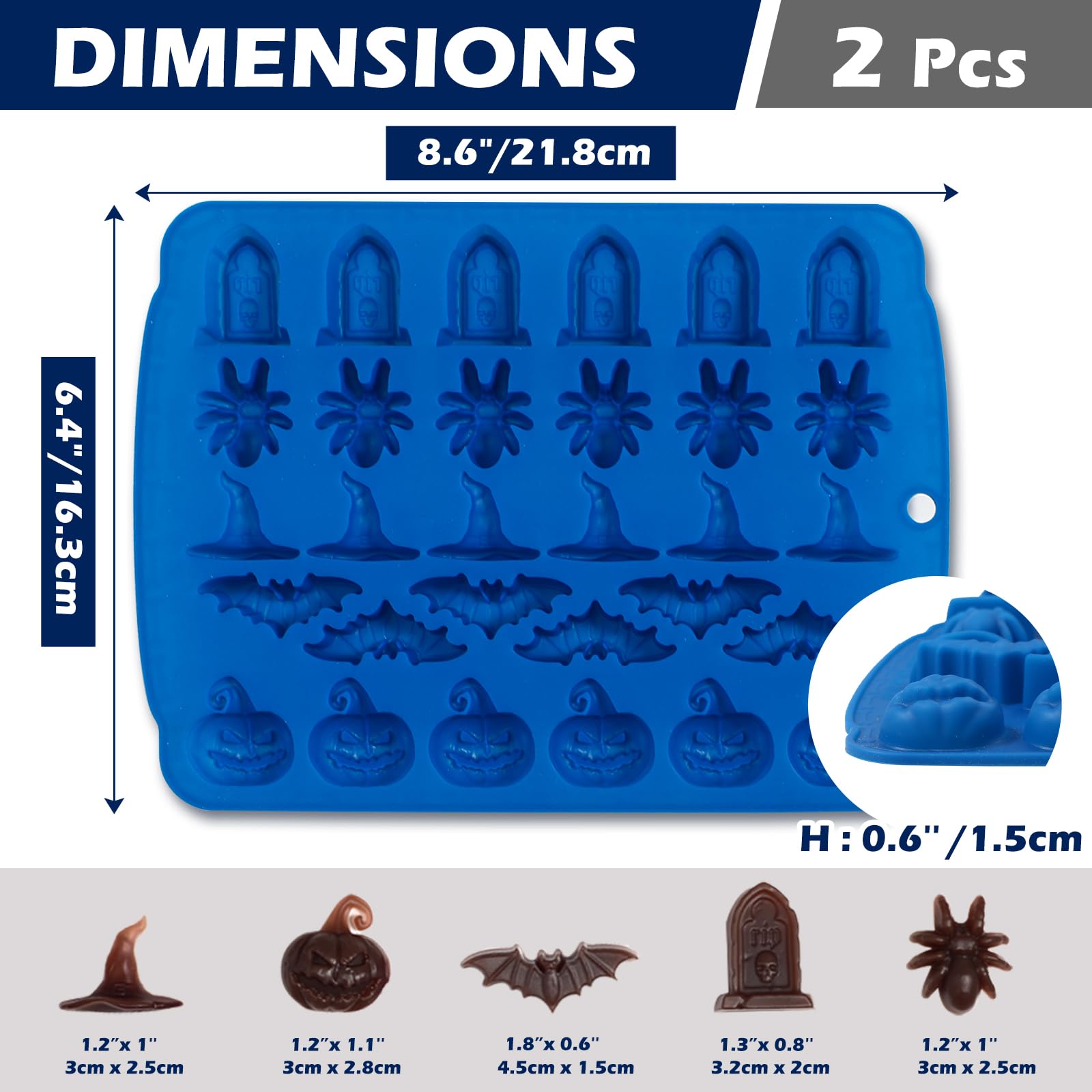 Kamehame Halloween Candy Molds, 2 Pcs 30 Cavity Halloween Chocolate Gummy Silicone Mold, Blue