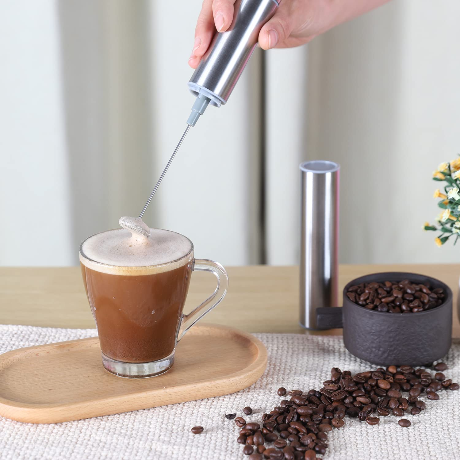 Vomelon Milk Frother, Handheld Battery Operated Frother For Coffee,Portable Drink Mixer With 2 Stainless Steel Whisk Heads, Milk