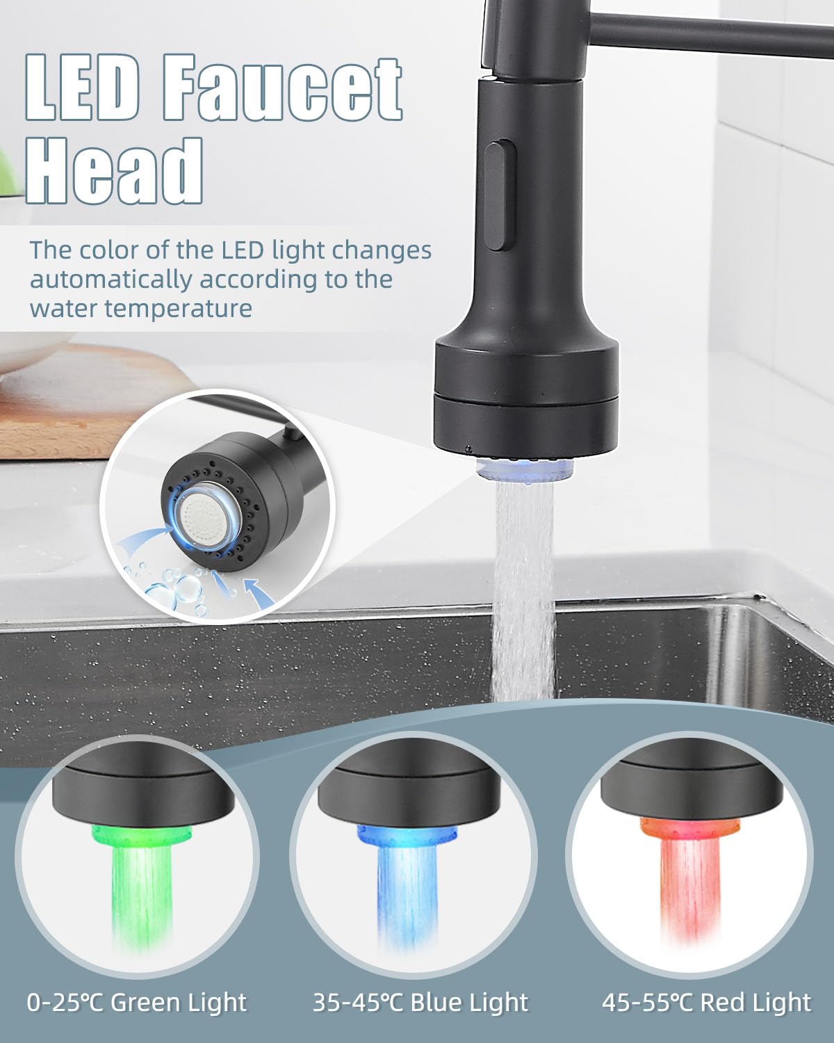 Black Kitchen Faucet With Led Light,Kitchen Faucet With Soap Dispenser,Faucet For Kitchen Sink,Single Handle Stainless Steel Kit