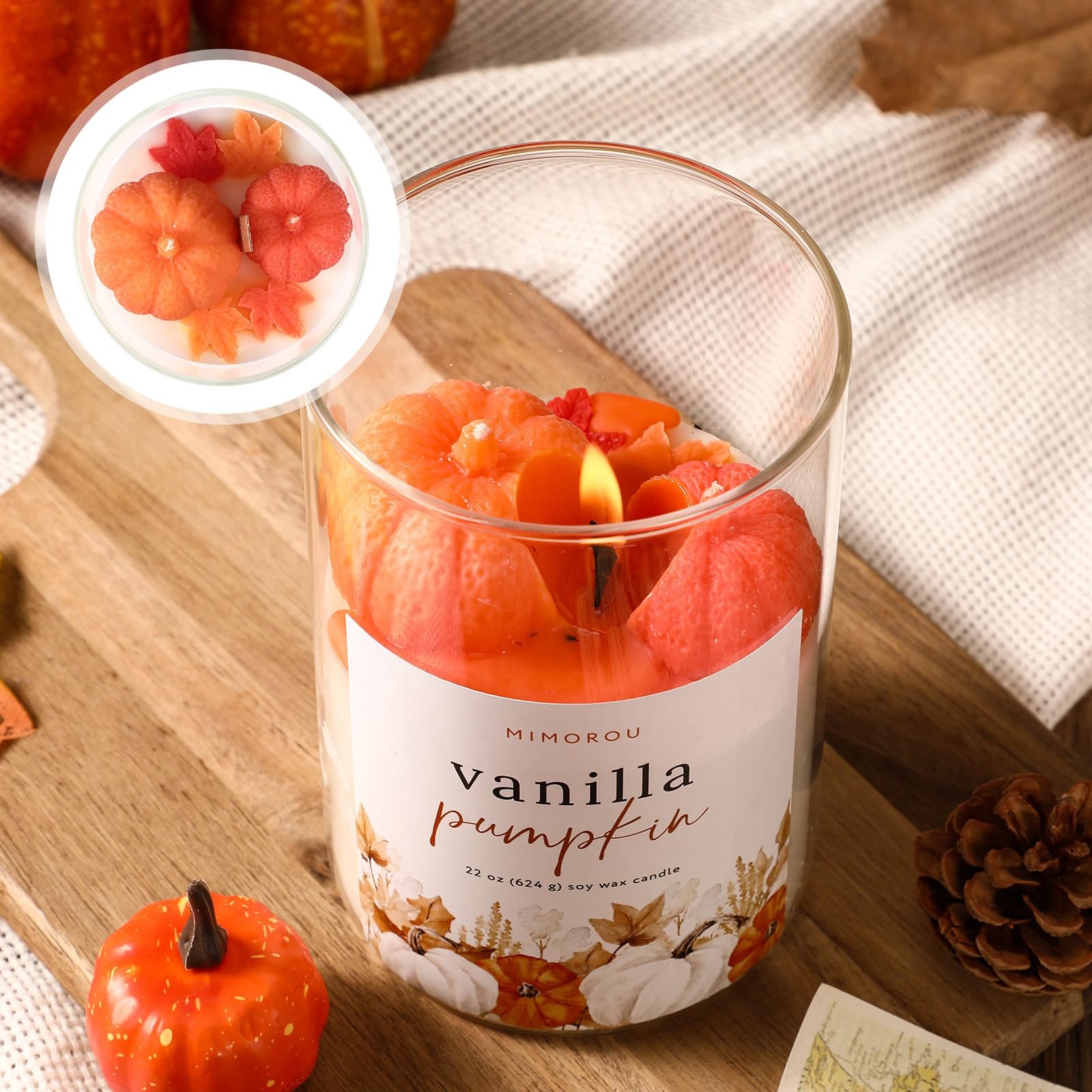 Mimorou Large Pumpkin Candle 3D Thanksgiving Pumpkin Shaped 22oz Decorative Fall Glass Jar Soy Wax Orange Candle up to 60-hour B