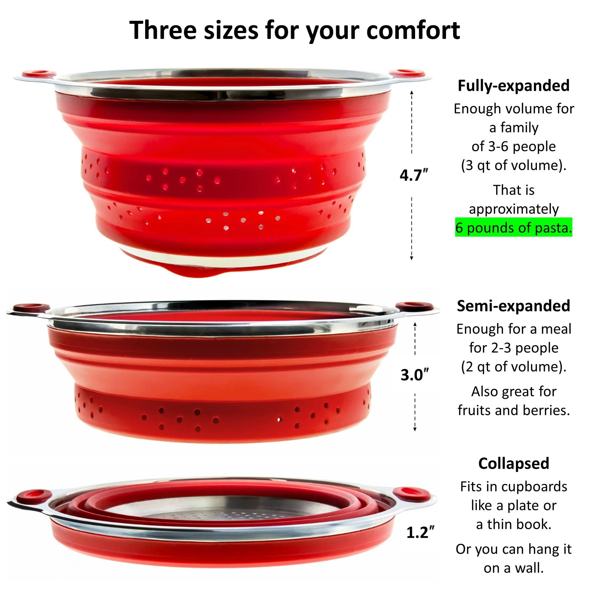 Collapsible Colander And Funnel - Stainless Steel Meets Red Silicone. Rv Accessories For Inside, Camper Organization And Storage
