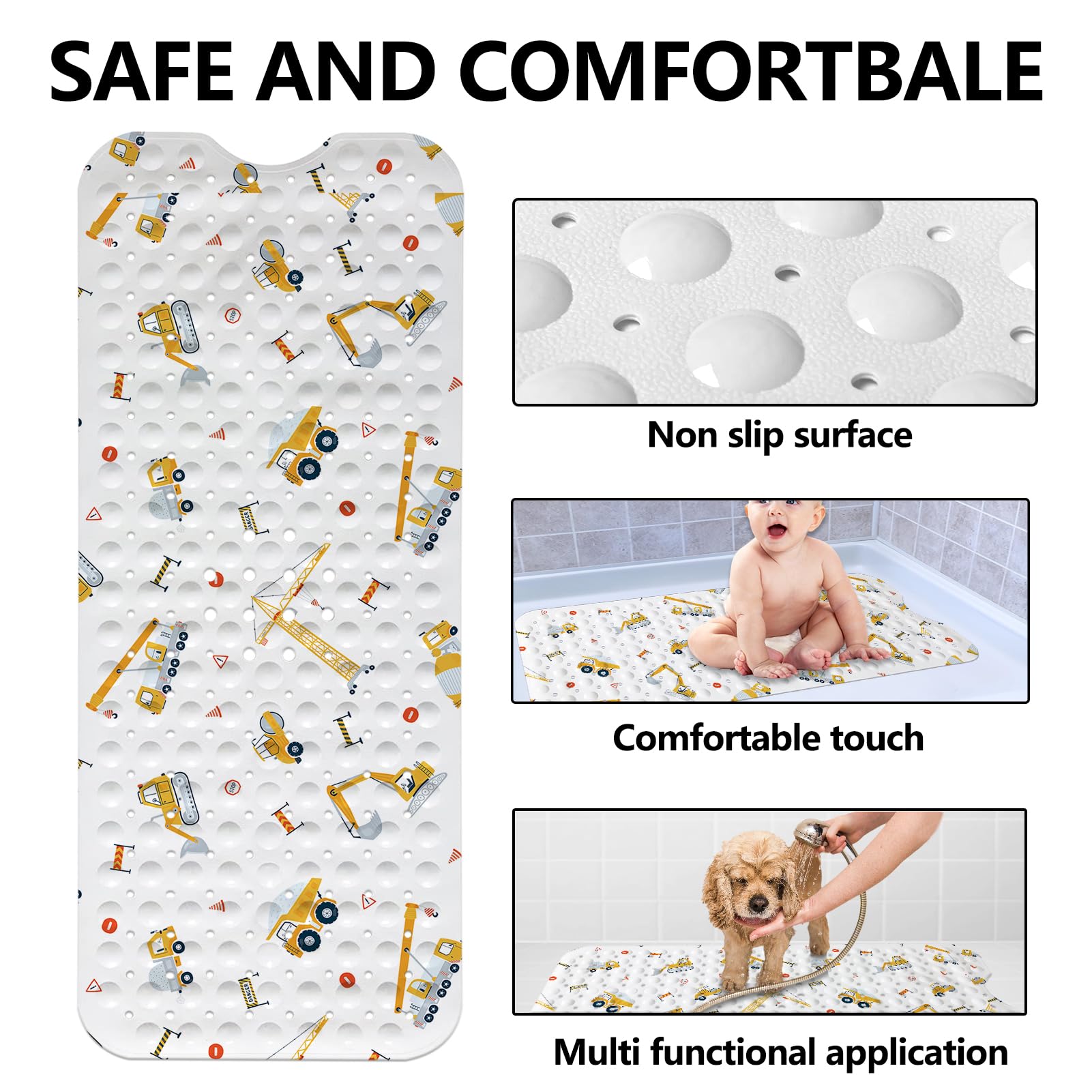 Lnond Bath Mat For Tub For Kids, Boy Toddler Bathtub Mat Non Slip, Yellow Excavator Kids Bath Mats For Bathroom Non Slip With Dr