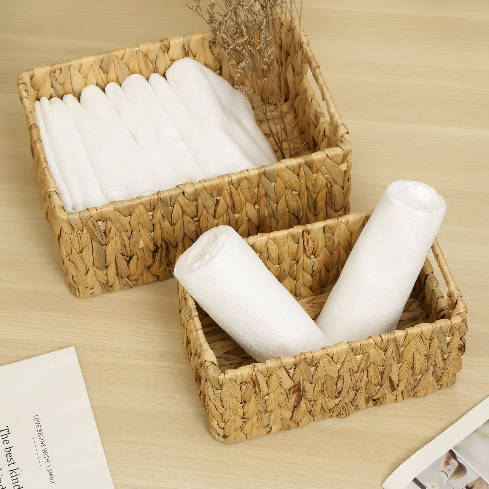 Hoonex Water Hyacinth Storage Baskets, Wicker Baskets For Storage, Hand Woven Baskets With Carry Handles, Set Of 2, Natural