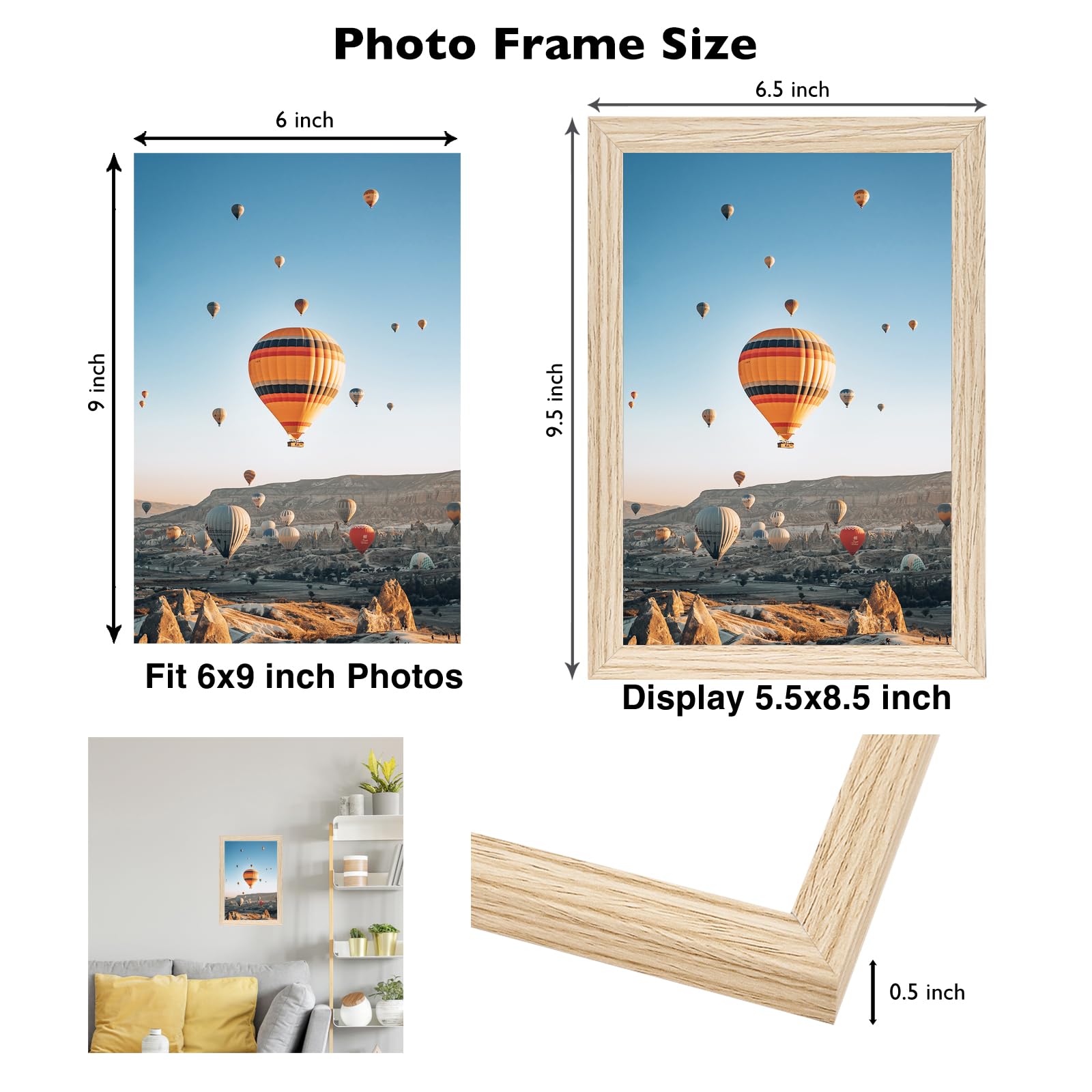 JCJMY 6x9 Picture Frame for Wall Hanging or Tabletop, Wall Mounting Horizontally or Vertically, 6 x 9 Wall Gallery Poster Photo