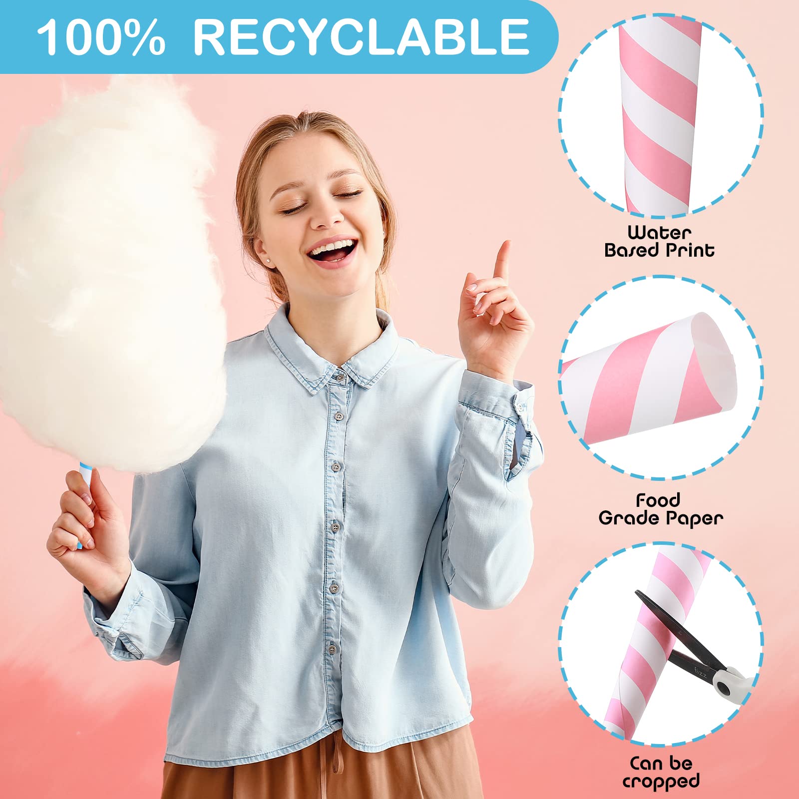 Cotton Candy Cones Striped White Cotton Candy Sticks Paper Cotton Candy Floss Sugar Cane Sticks Colorful Cotton Candy Cones for Cotton Candy Making Accessories Party Supplies (200)