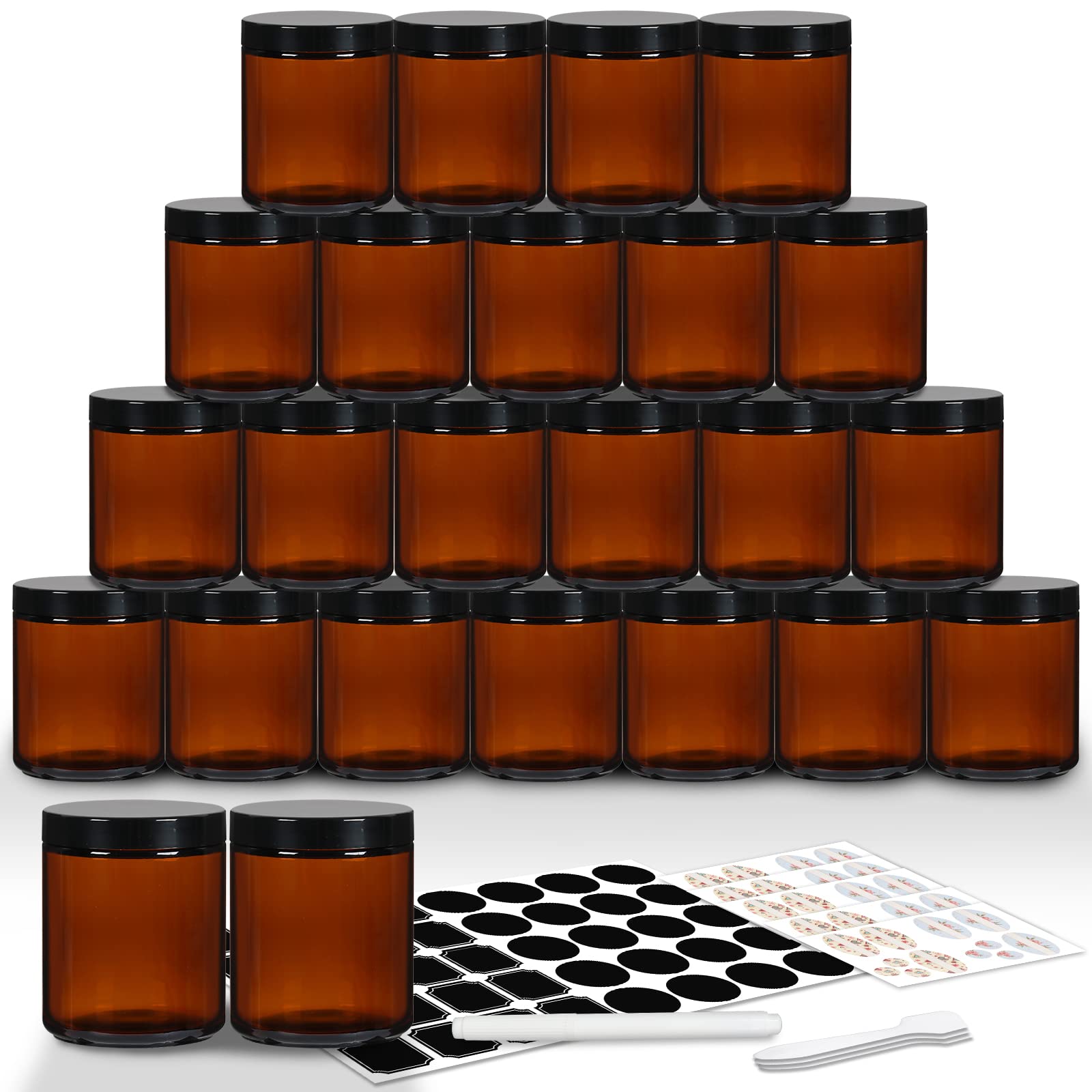 Ekkovla 24 Pack 8 Oz Amber Round Glass Jars With 24 Black Lids, Candle Making Jar, Empty Refillable Cosmetic Containers For Loti