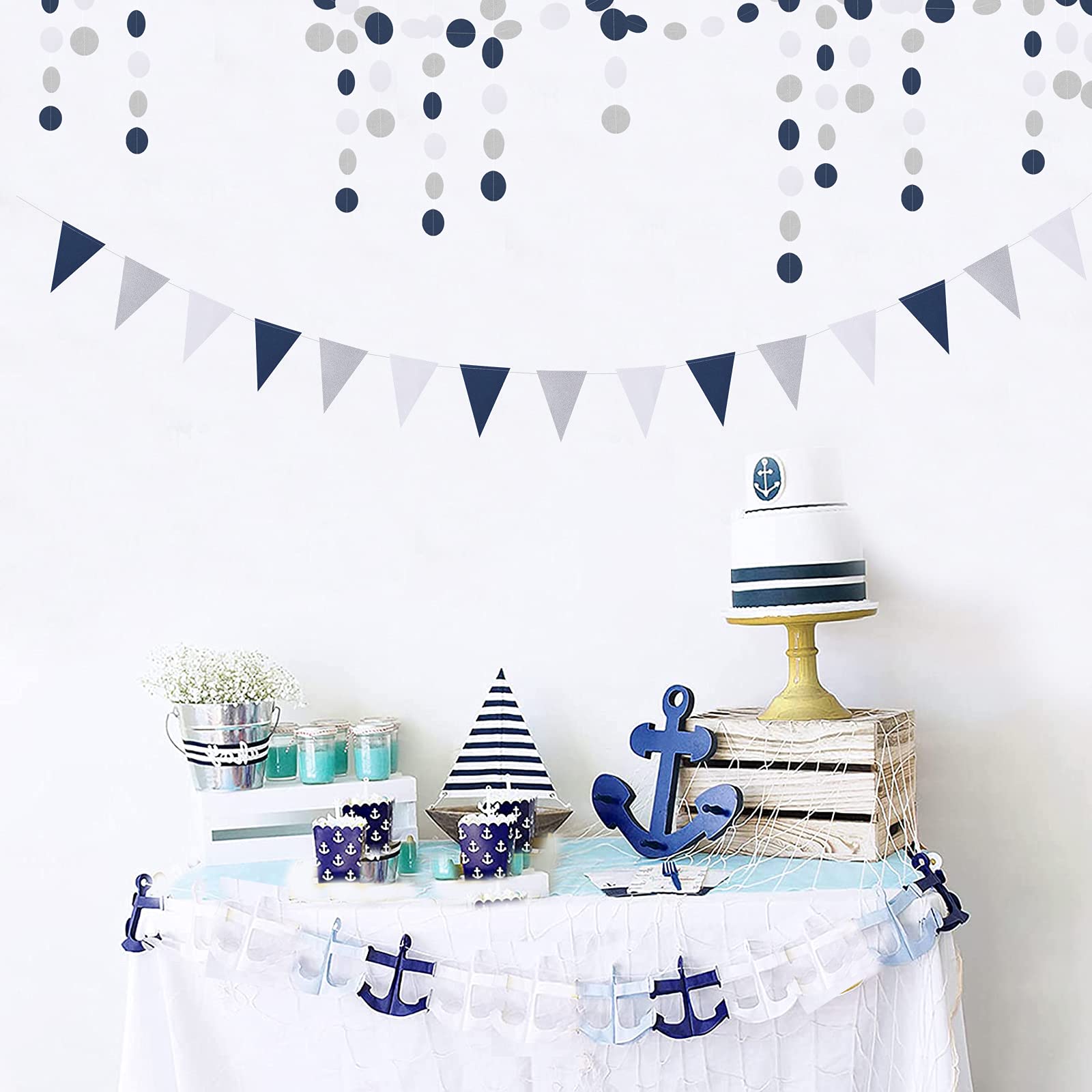 Navy-Blue White-Silver Party Decorations Banner - 2 Pack Men Birthday Graduation 2024 Glitter Sprinkles Paper Pennant Triangle F