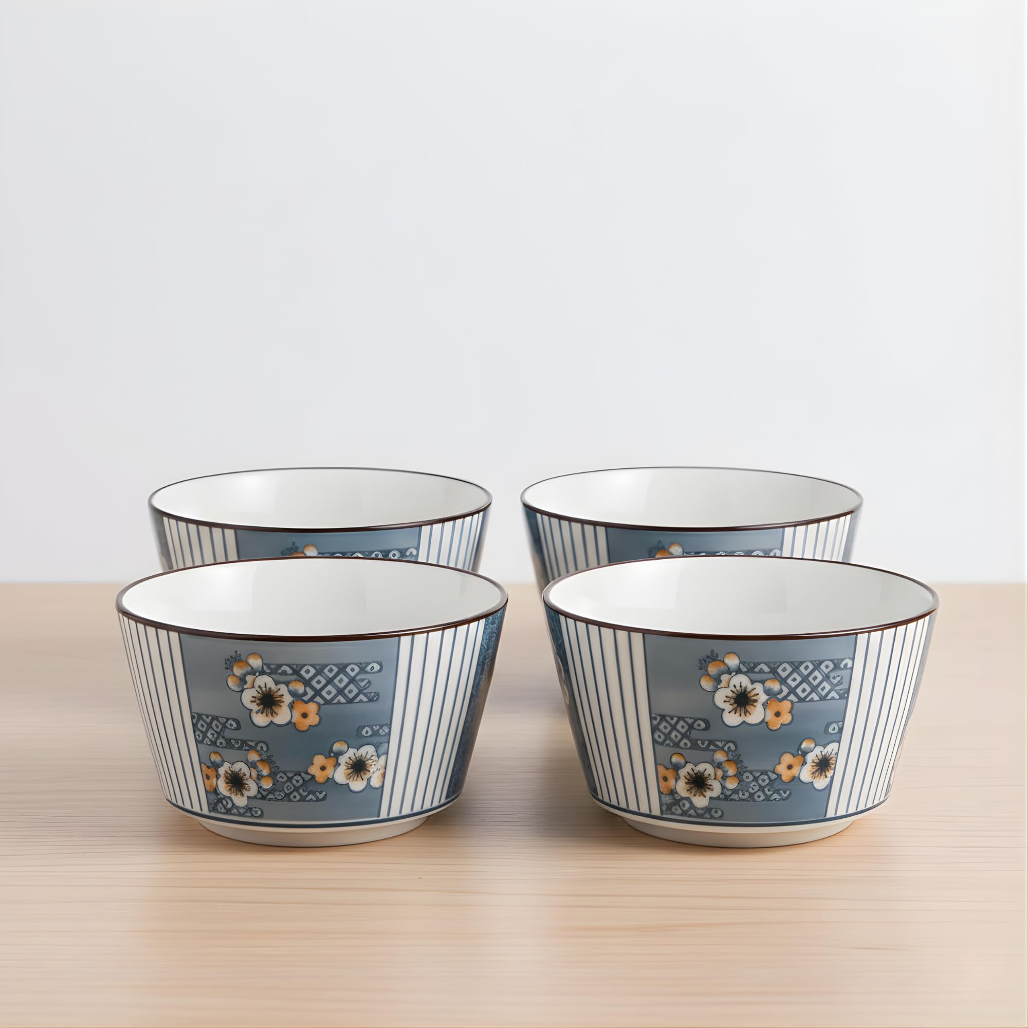 Olwick Japanese Style Ceramic Snack Bowls-400Ml, Set Of 4 Handcrafted Floral & Geometric Patterns