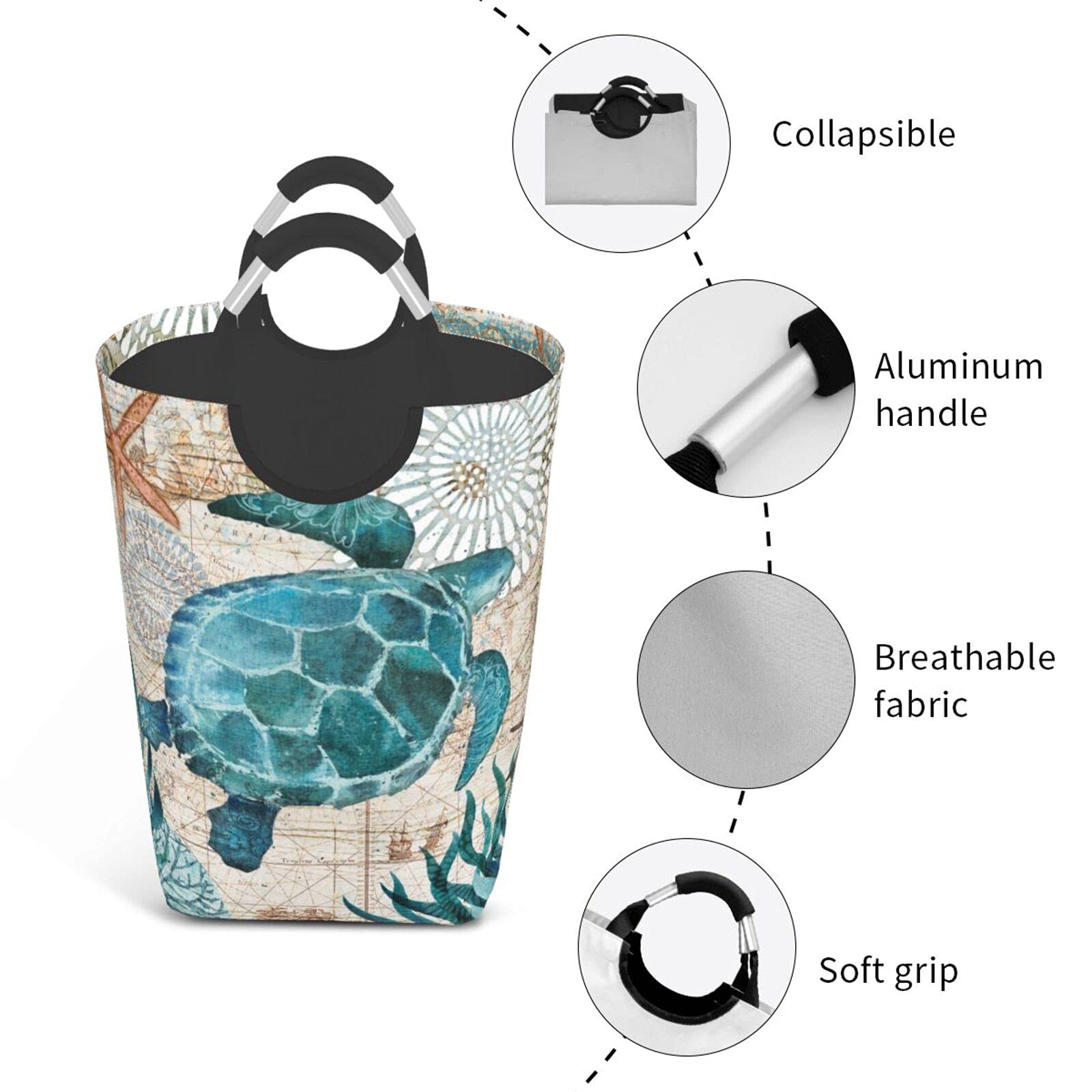 Duduho Sea Turtle Laundry Basket With Handles Nautical Map Retro Ocean Laundry Hamper Toys Storage Organizer Foldable Bucket Was
